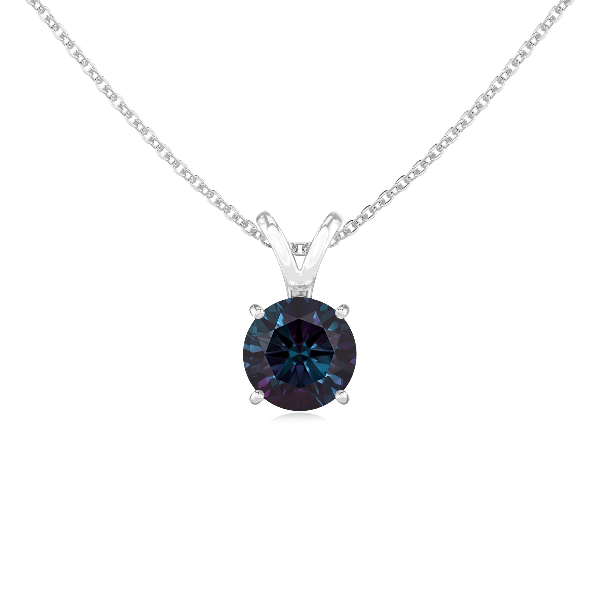 lab grown alexandrite round solitaire v-bale necklaces in sterling silver