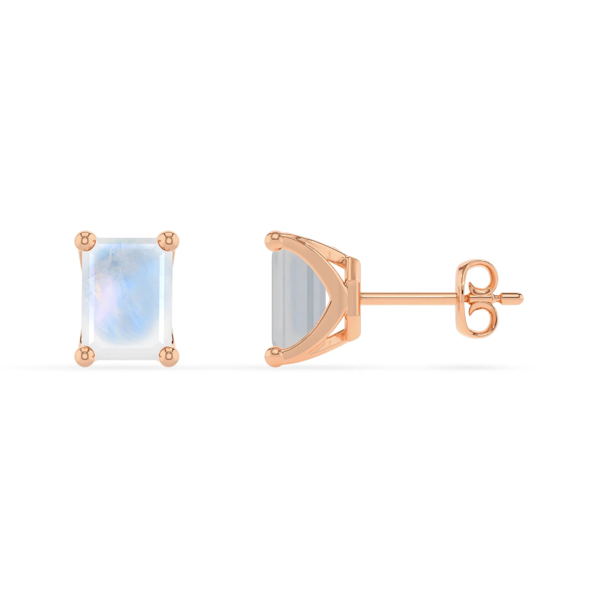 natural rainbow moonstone emerald cut stud earrings in rose gold
