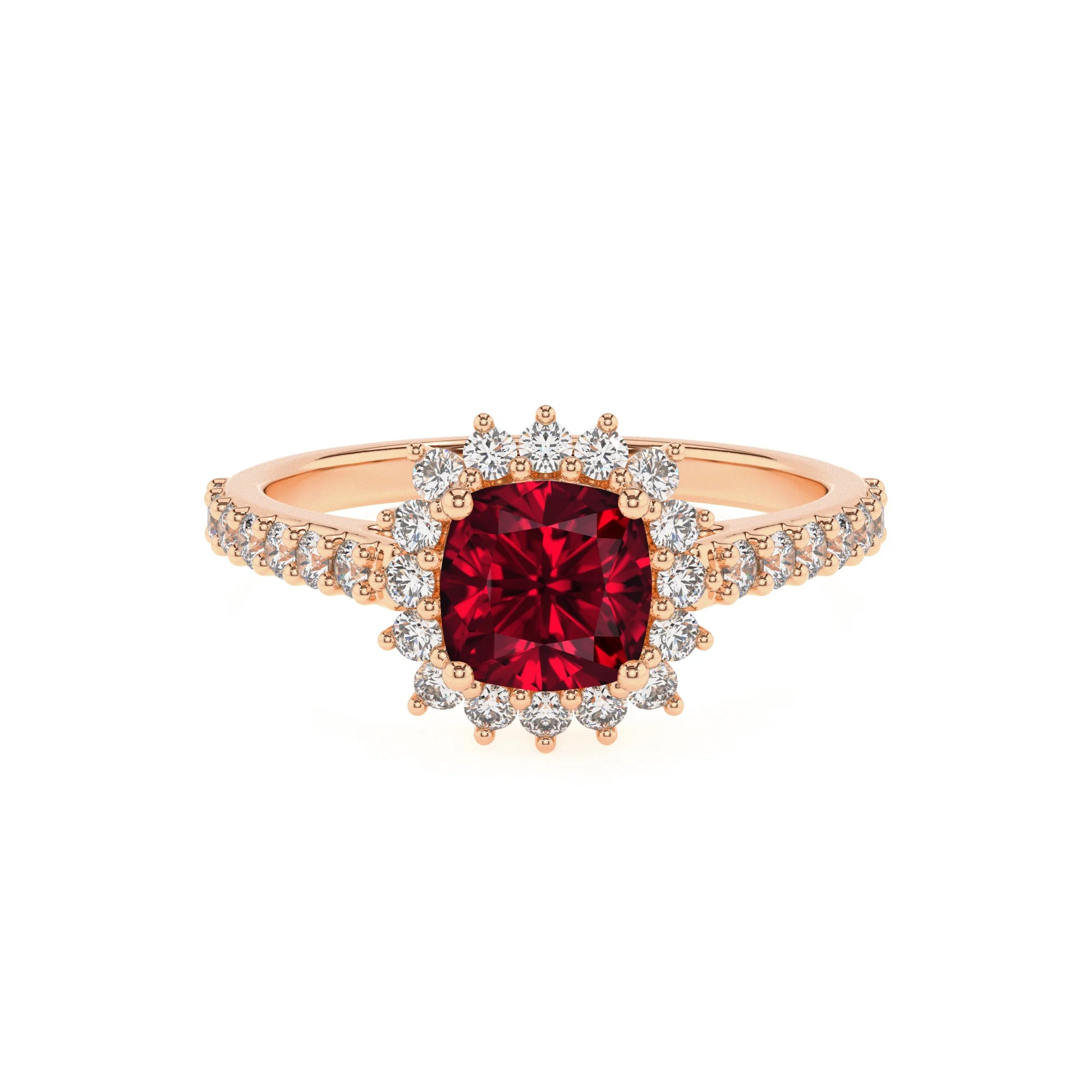 lab grown ruby cushion solitaire rings in rose gold