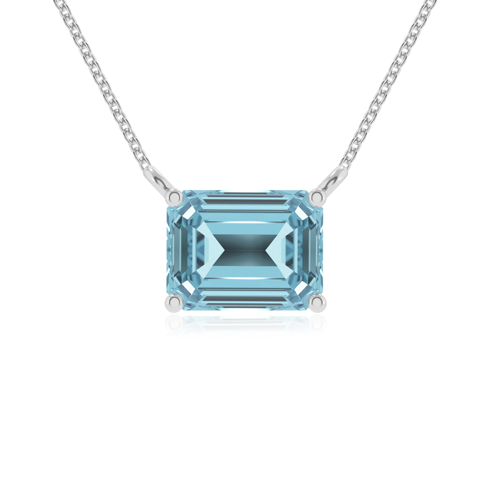 lab grown aquamarine emerald cut solitaire necklaces in sterling silver