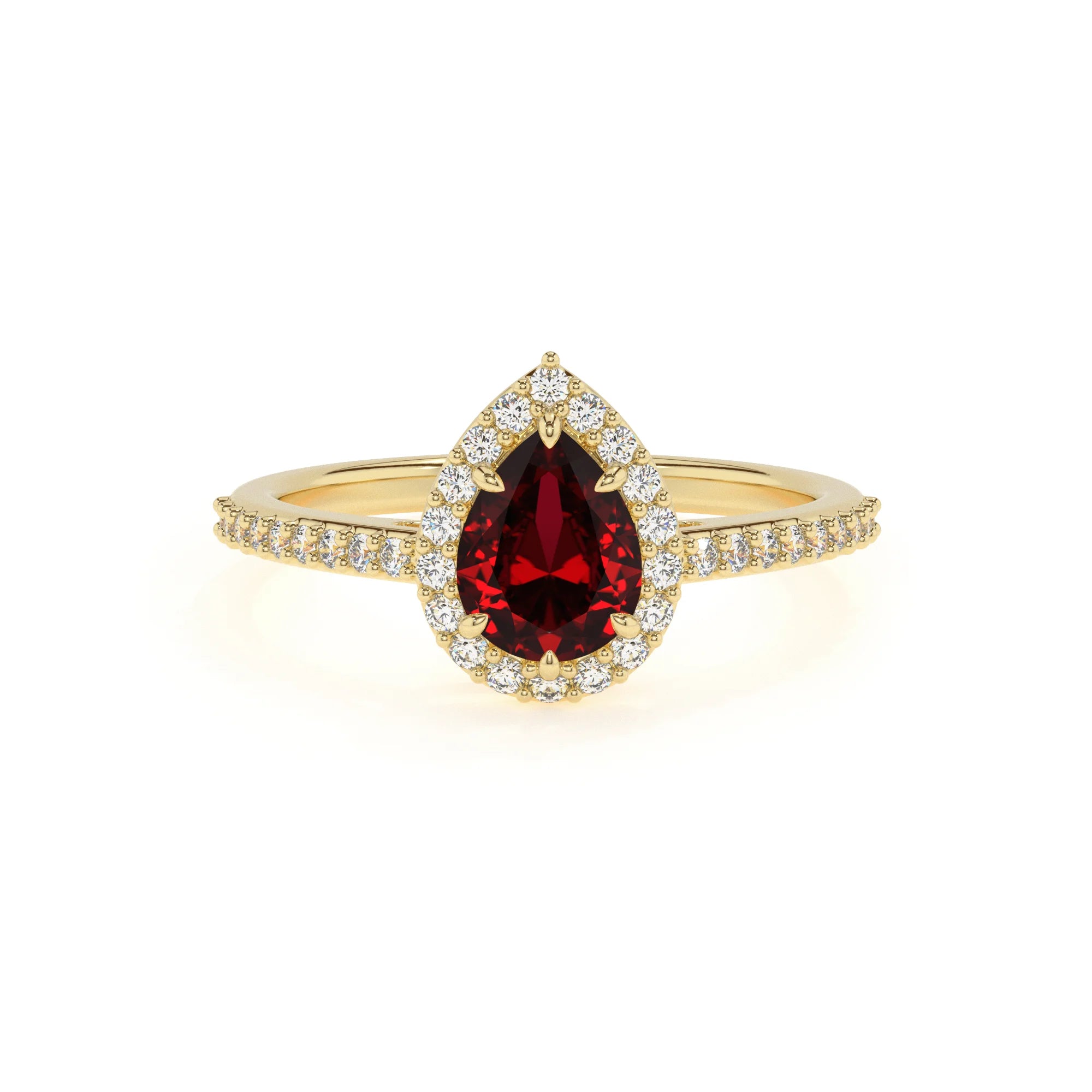 lab grown ruby pear solitaire rings in yellow gold