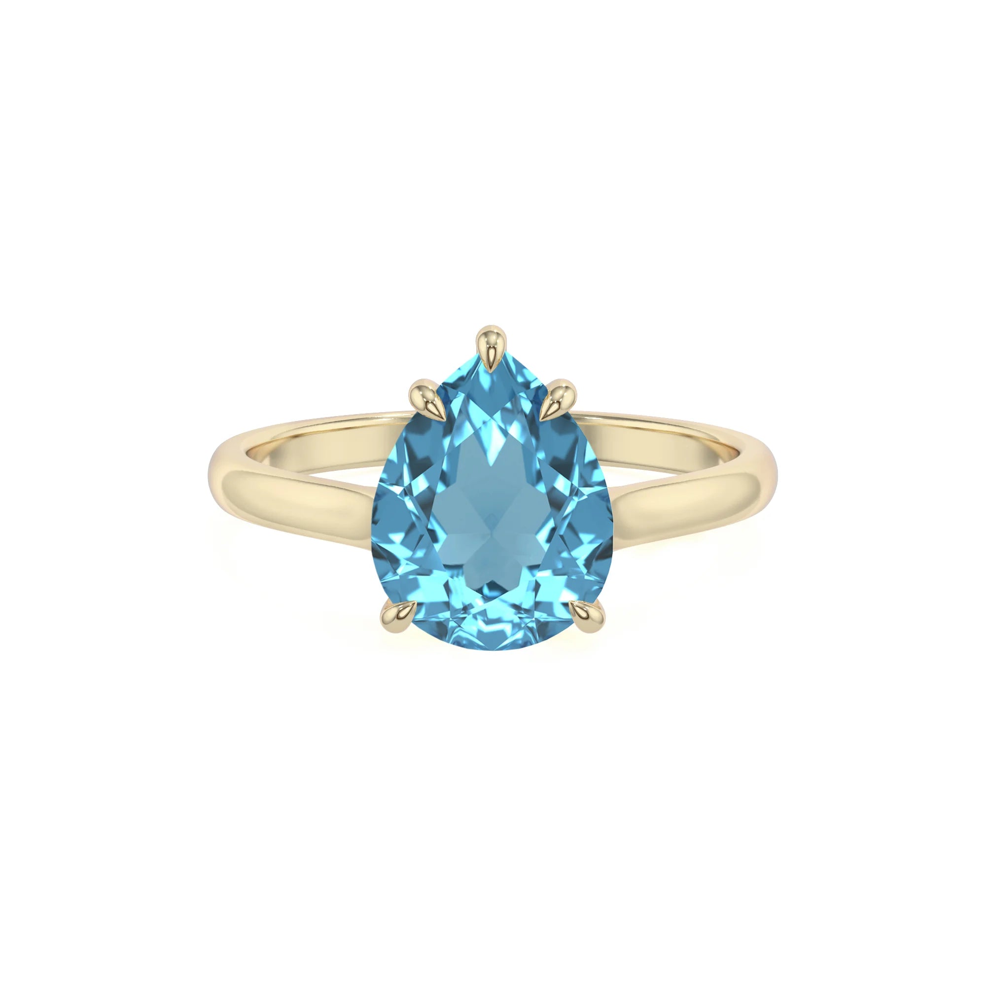 natural swiss-blue-topaz pear solitaire rings in yellow gold