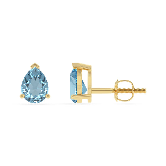 lab grown aquamarine pear stud earrings in yellow gold