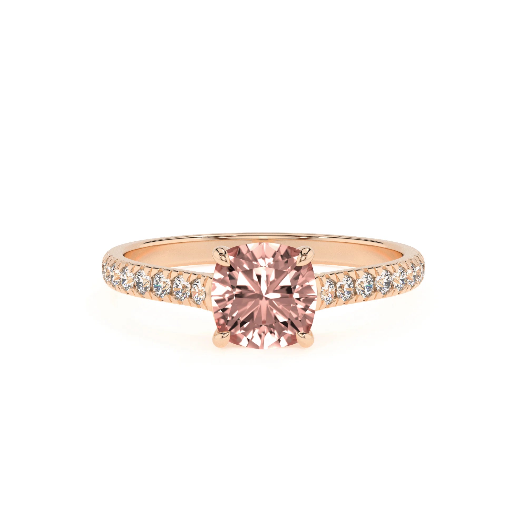lab grown morganite cushion half eternity solitaire engagement rings in rose gold