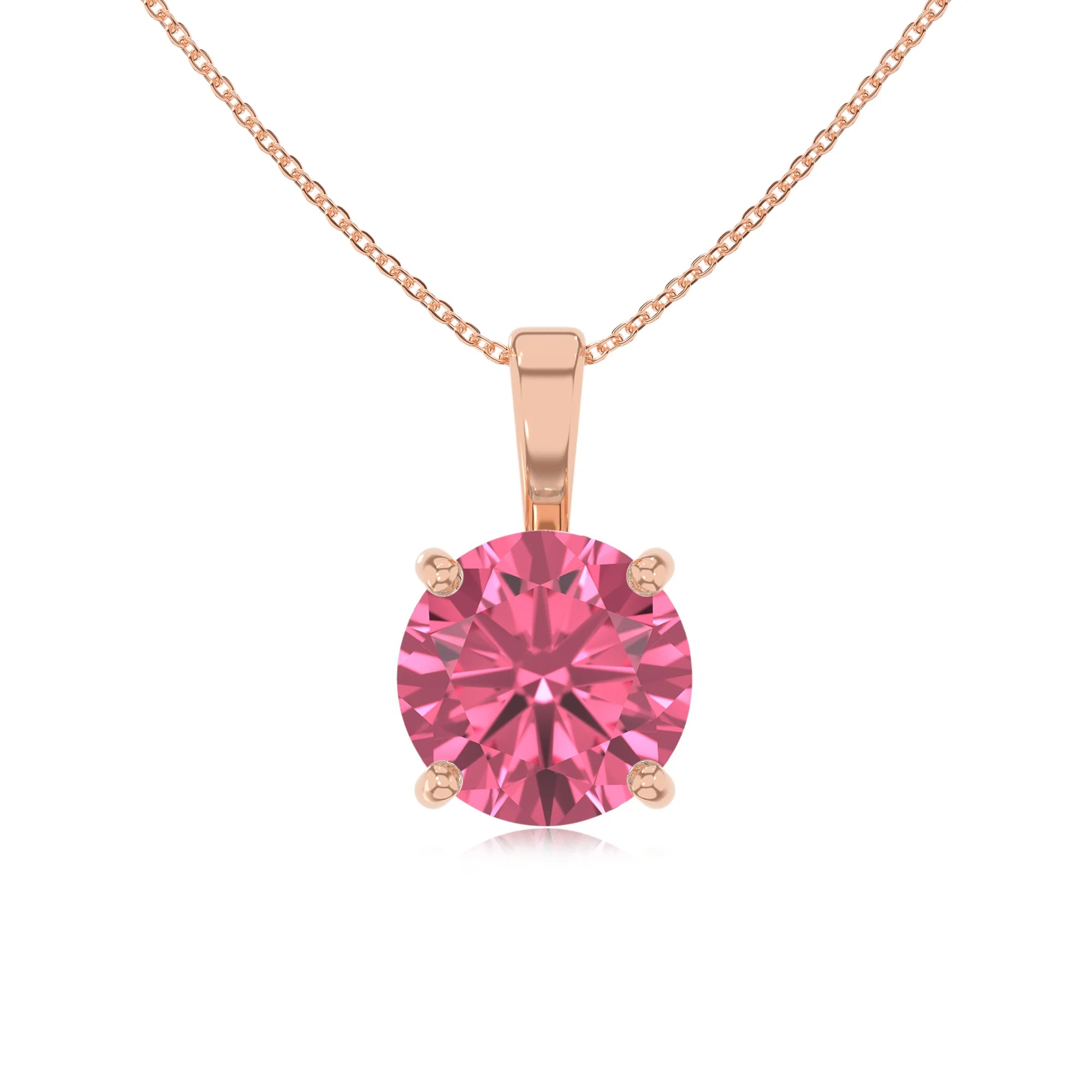 lab grown pink-tourmaline round solitaire necklaces in rose gold