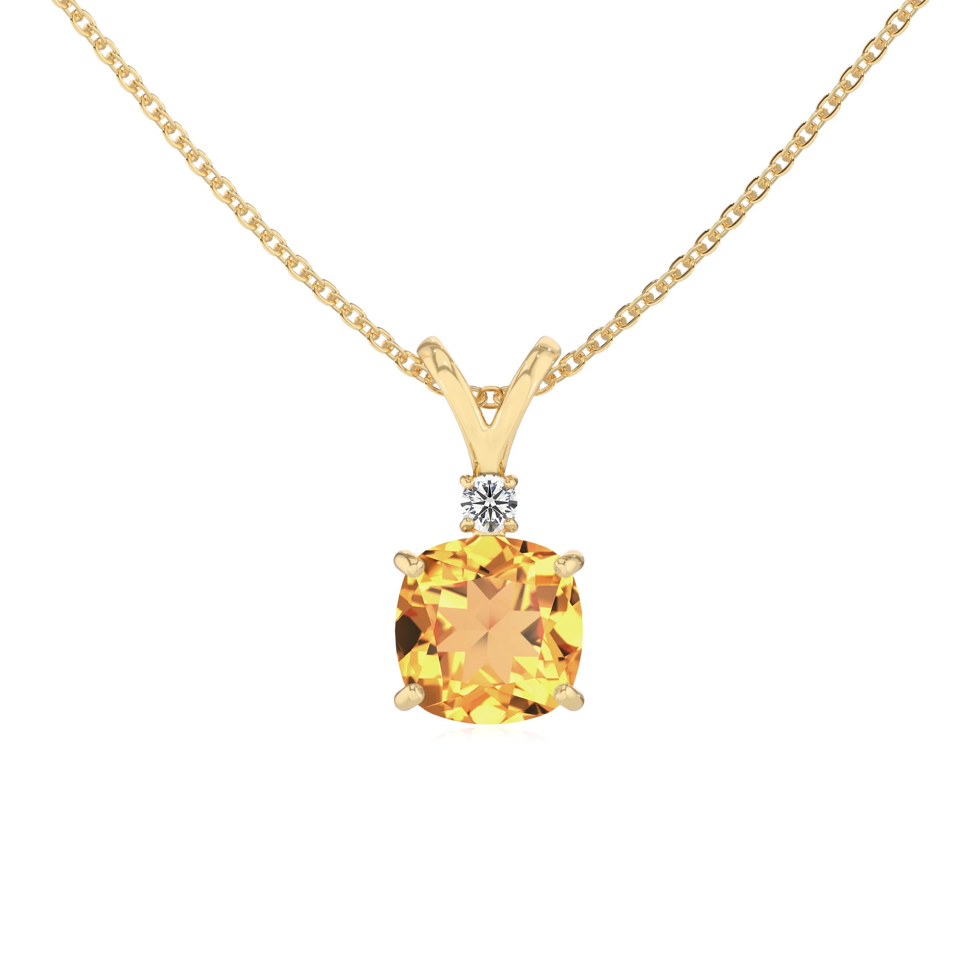 lab grown citrine cushion solitaire v-bale necklaces in yellow gold