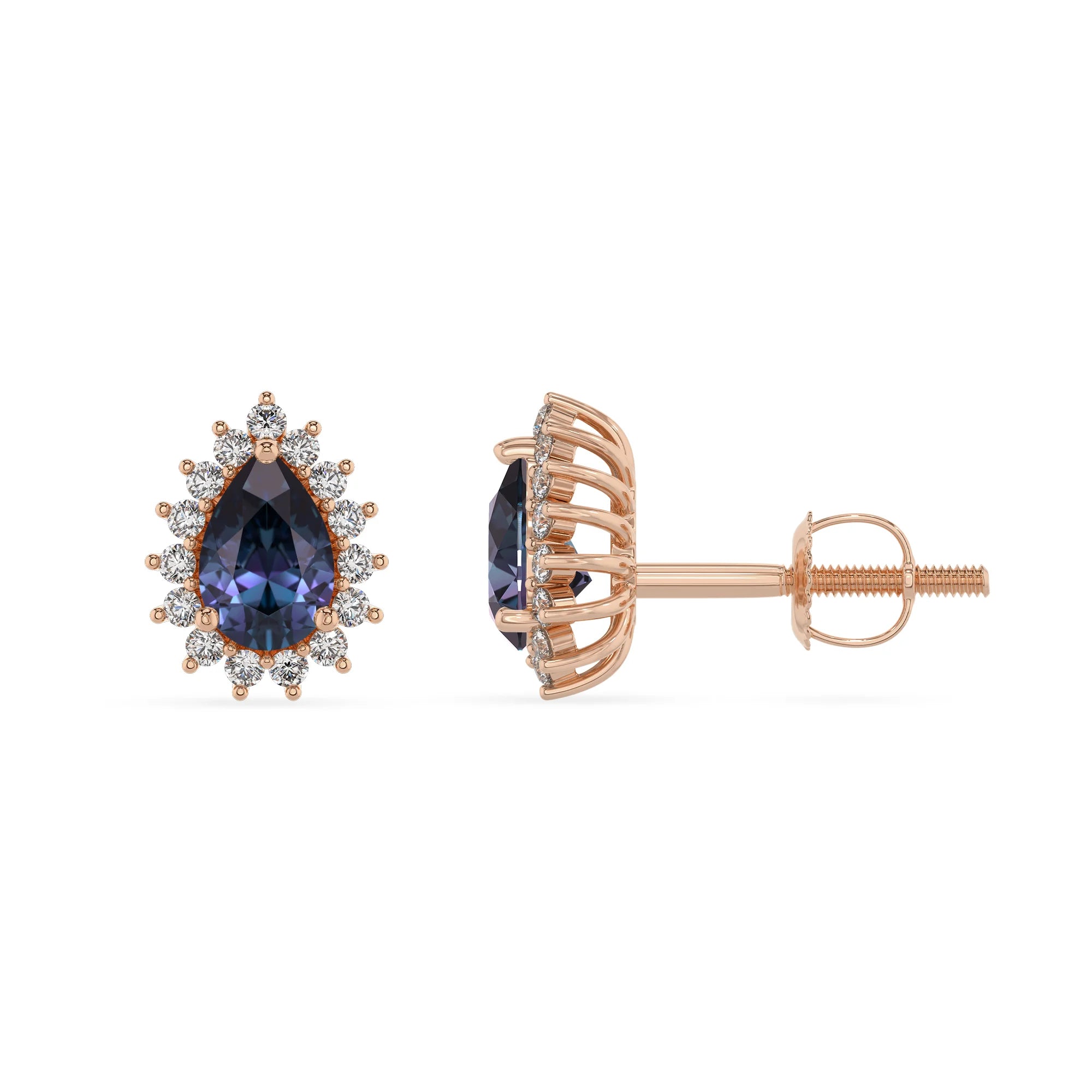 lab grown alexandrite pear stud earrings in rose gold