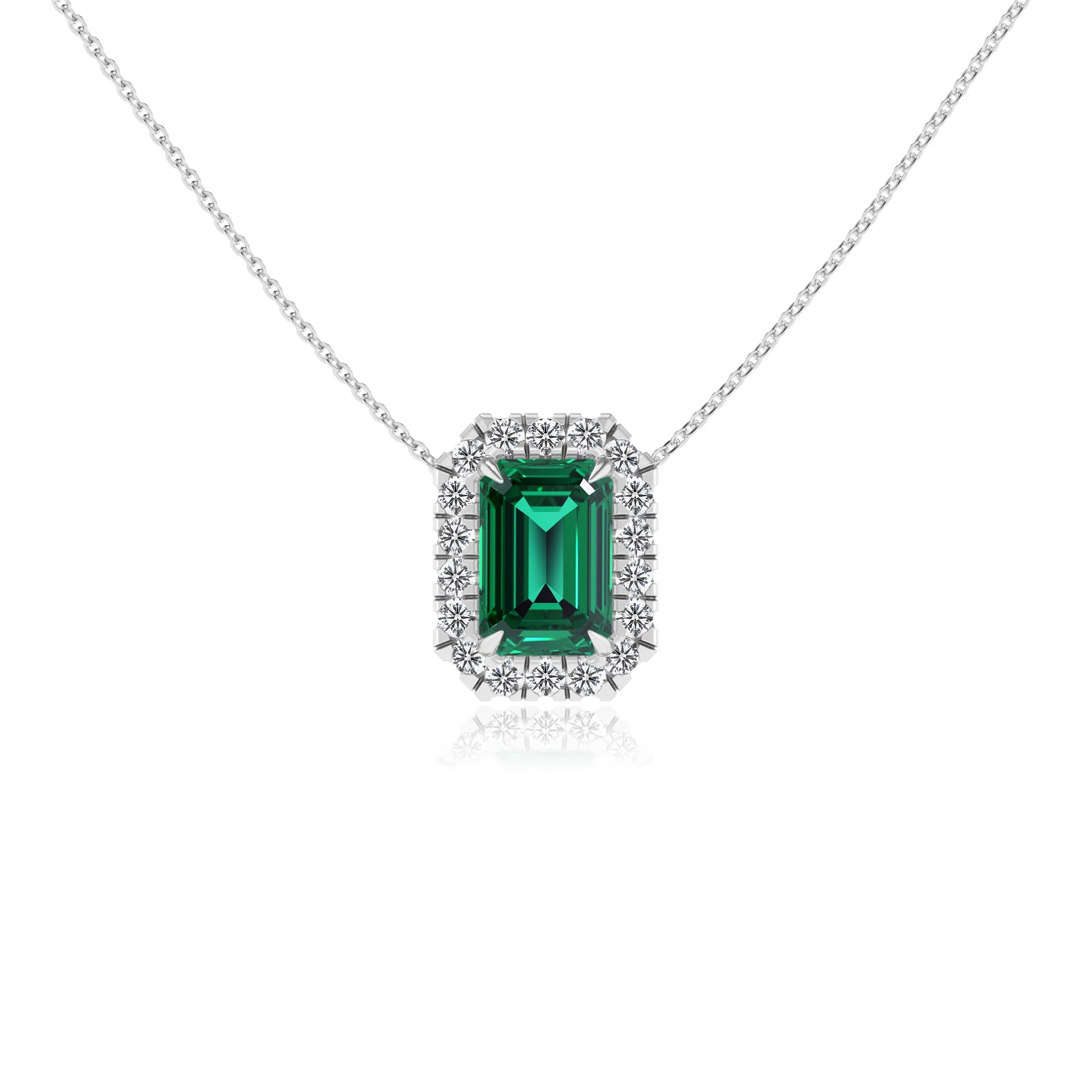 lab grown emerald octogon cut solitaire necklaces in white gold