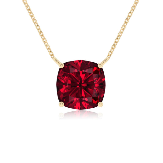lab grown ruby cushion solitaire necklaces in yellow gold