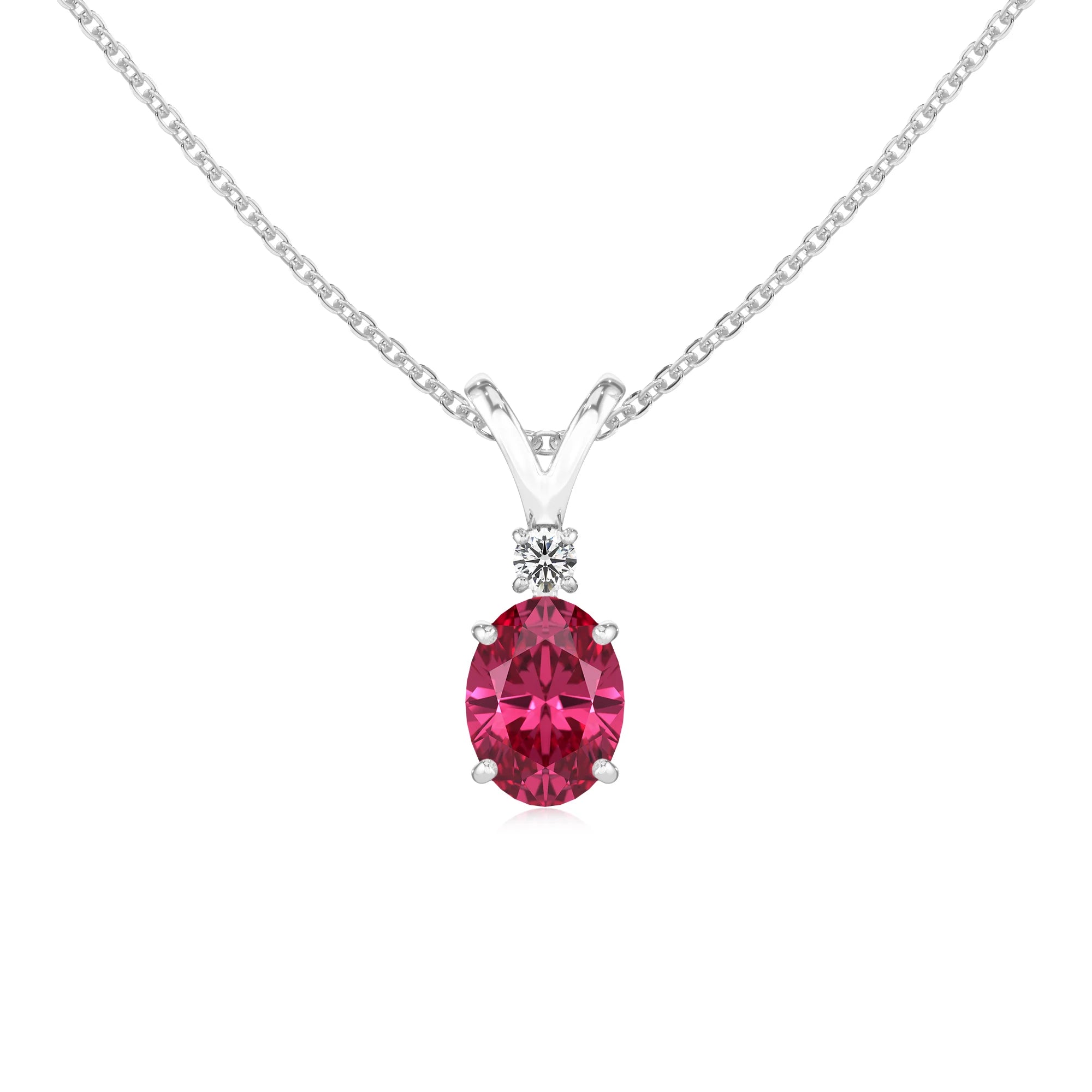 lab grown pink-tourmaline oval solitaire v-bale necklaces in sterling silver