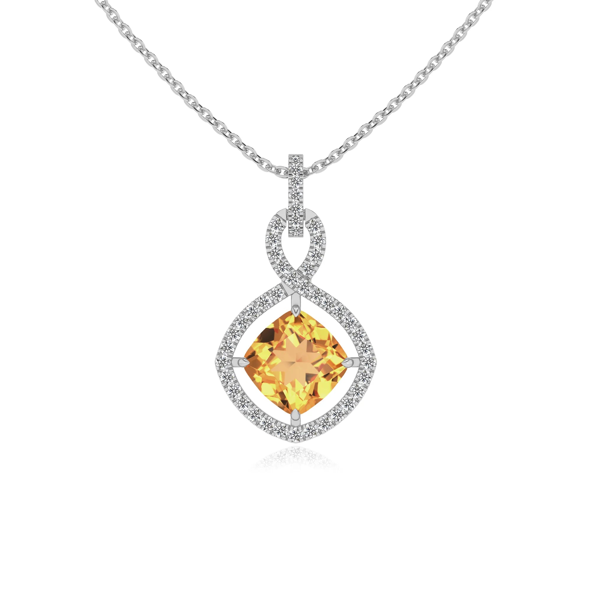 lab grown citrine cushion infinity necklaces in platinum