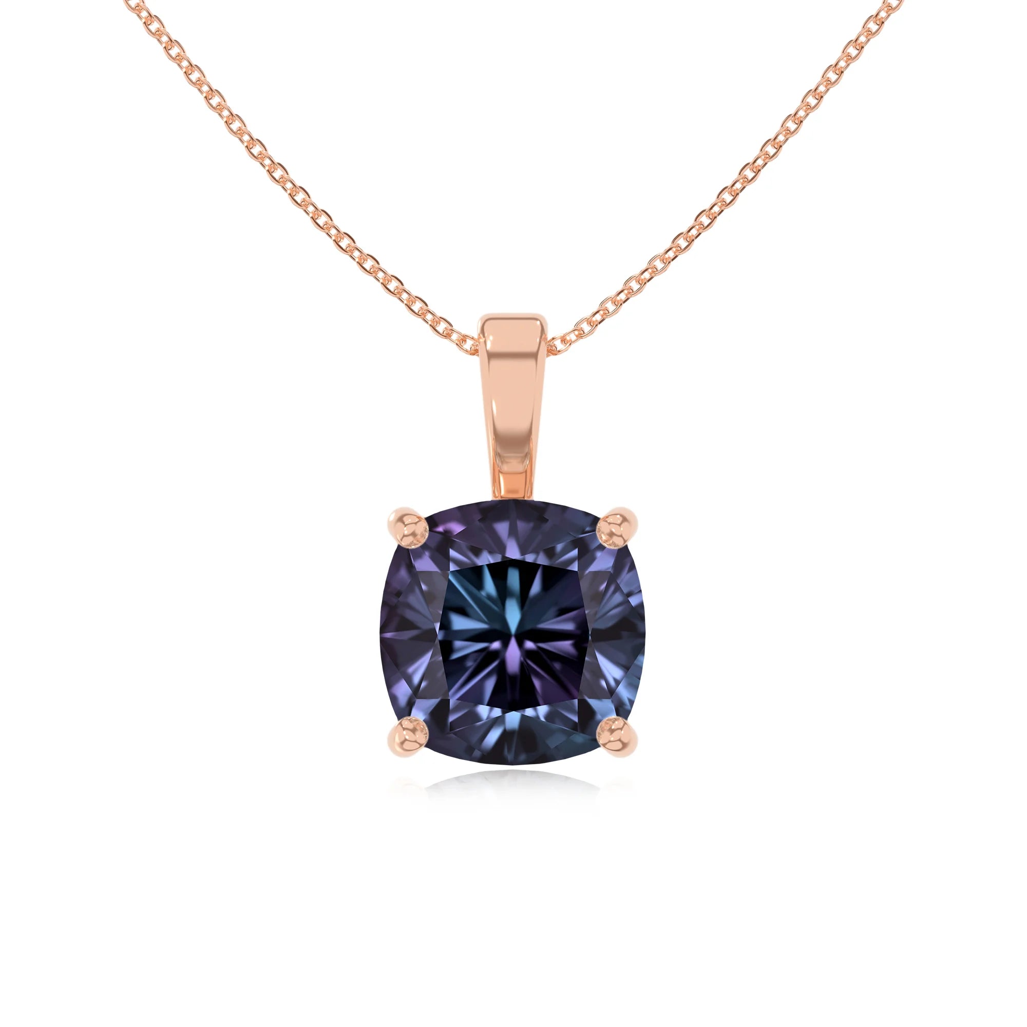 lab grown alexandrite cushion solitaire necklaces in rose gold