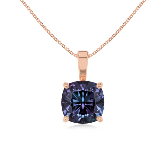 lab grown alexandrite cushion solitaire necklaces in rose gold