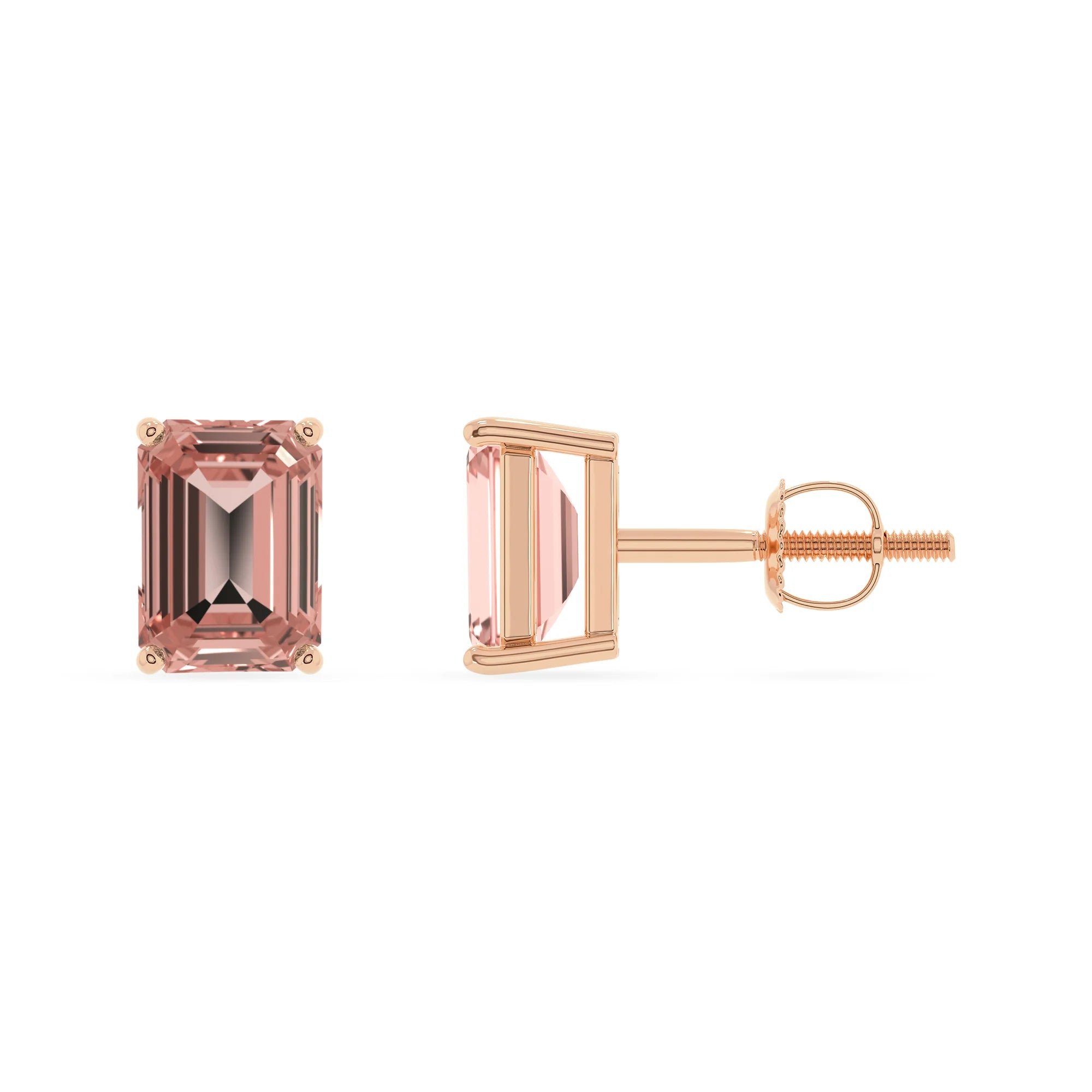 lab grown morganite emerald cut stud earrings in rose gold