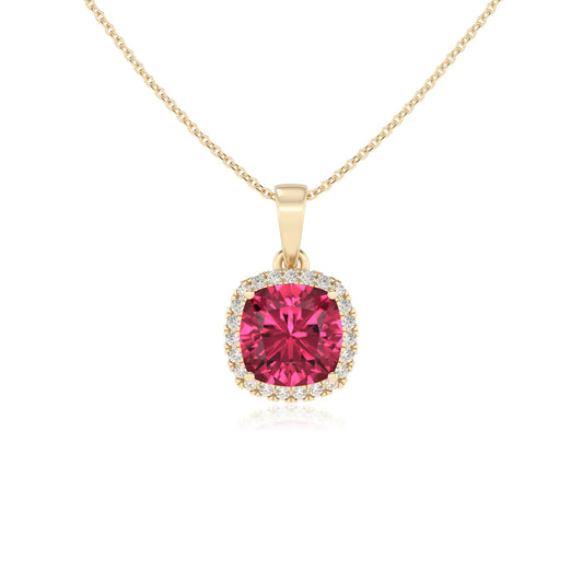 lab grown pink-tourmaline cushion solitaire necklaces in yellow gold