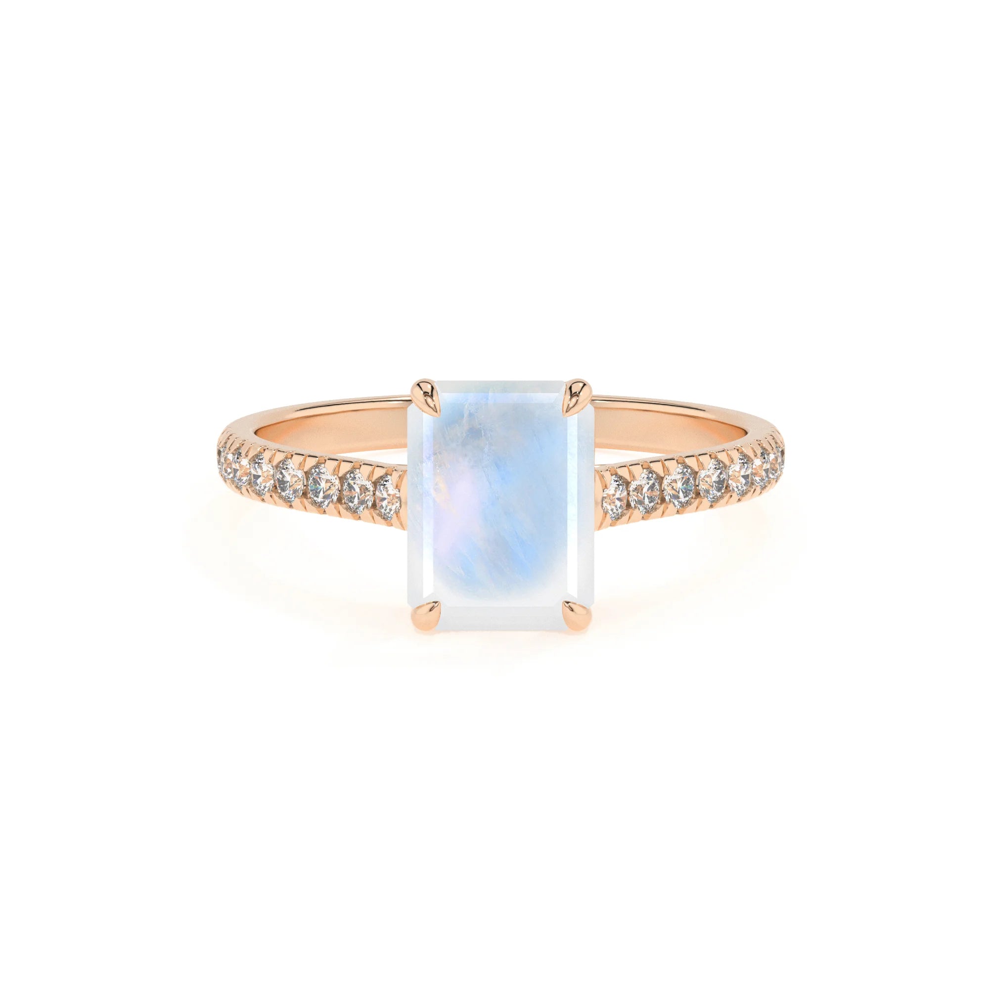 natural rainbow-moonstone emerald cut half eternity solitaire engagement rings in rose gold