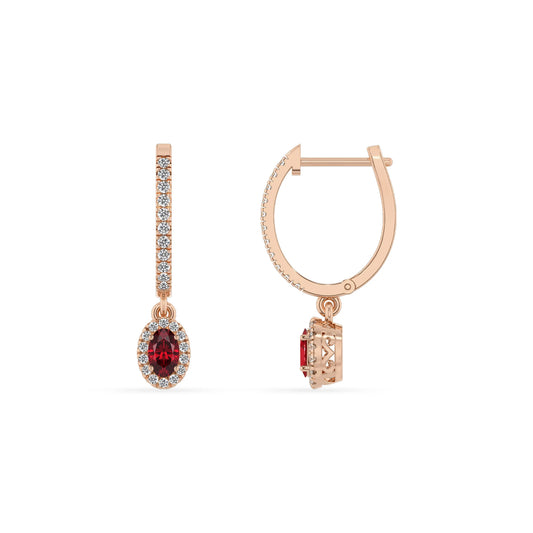 lab grown ruby oval drop earrings in rose gold