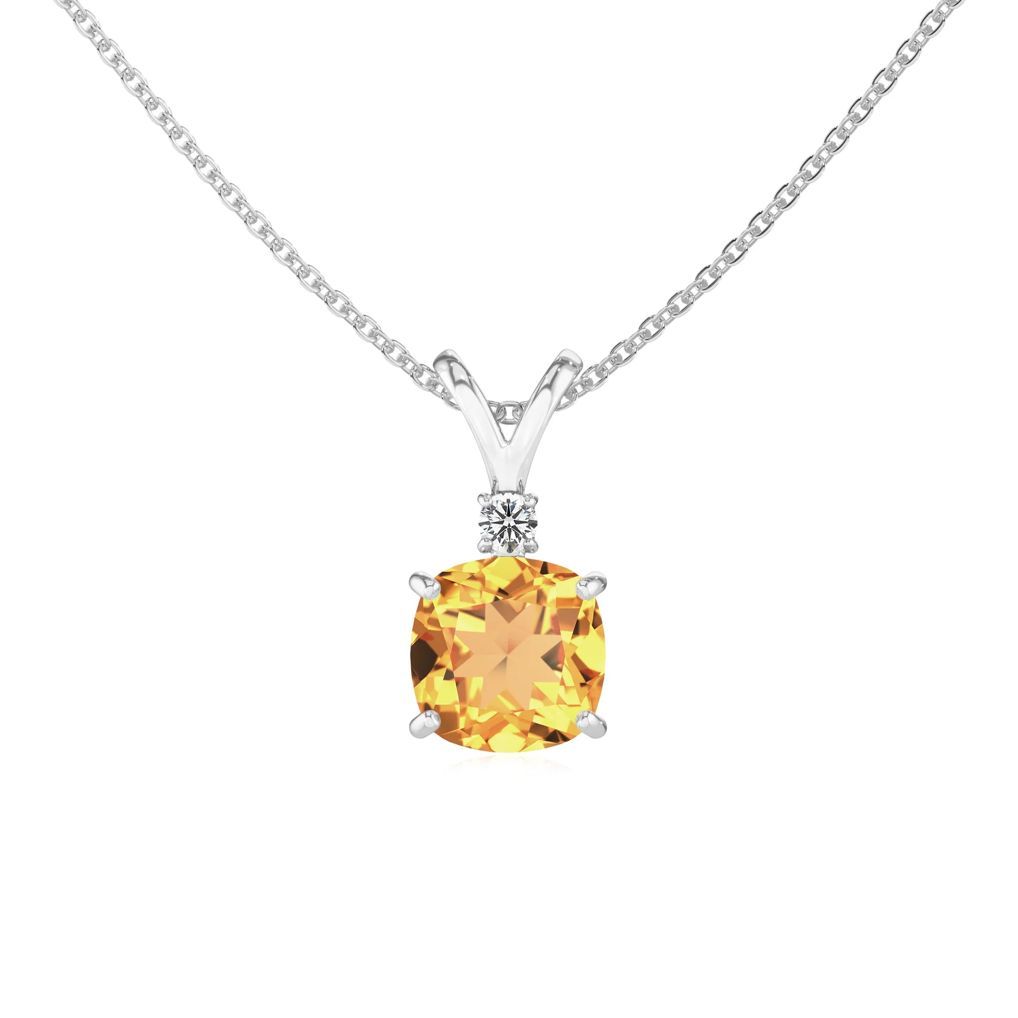 lab grown citrine cushion solitaire v-bale necklaces in white gold