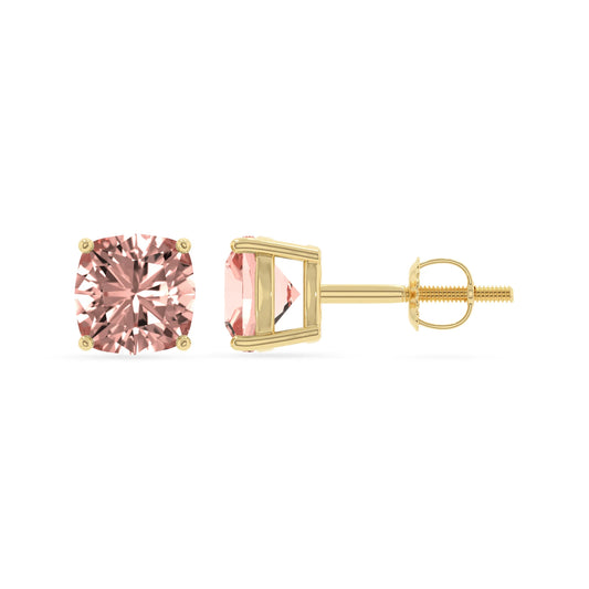 lab grown morganite cushion stud earrings in yellow gold