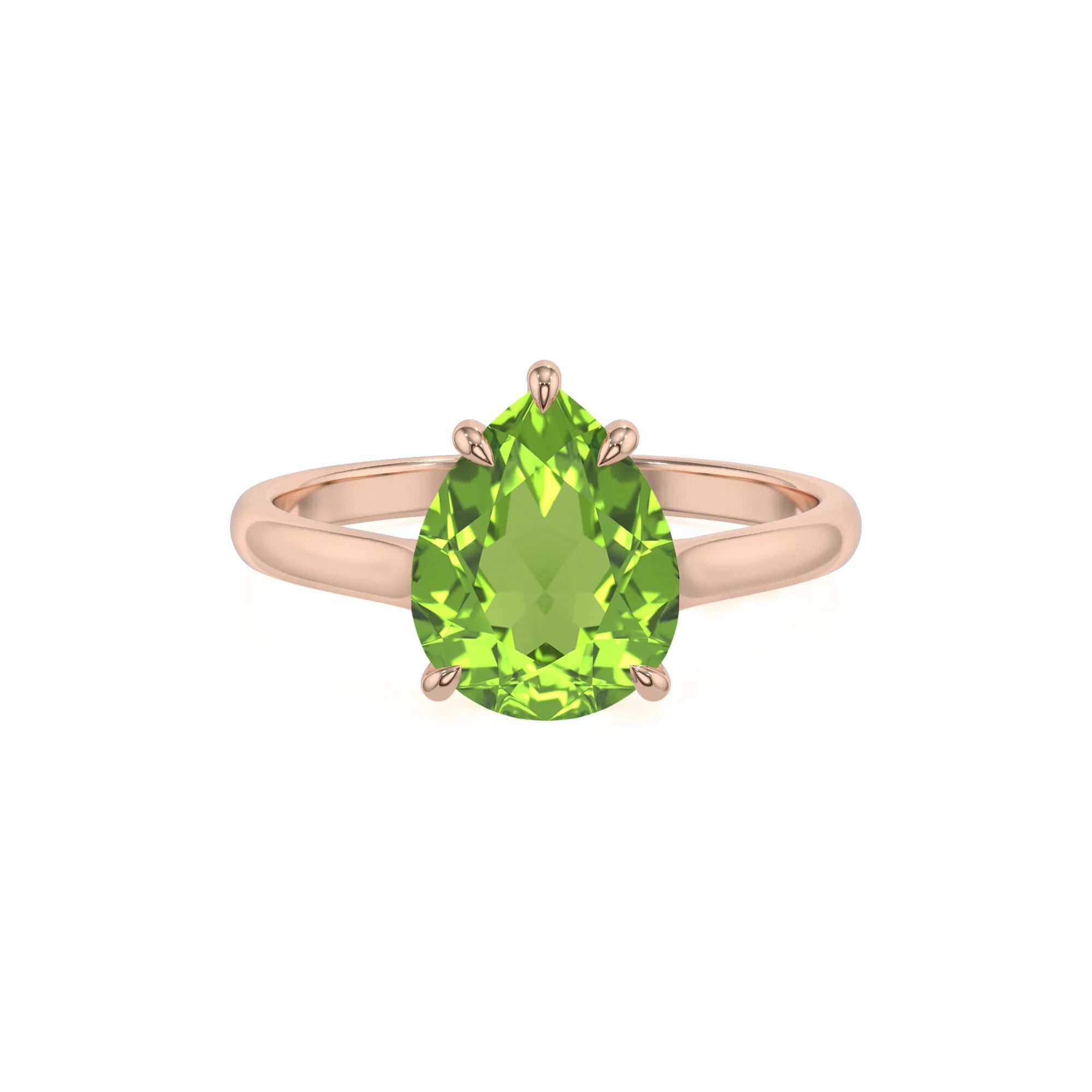 natural peridot pear solitaire rings in rose gold