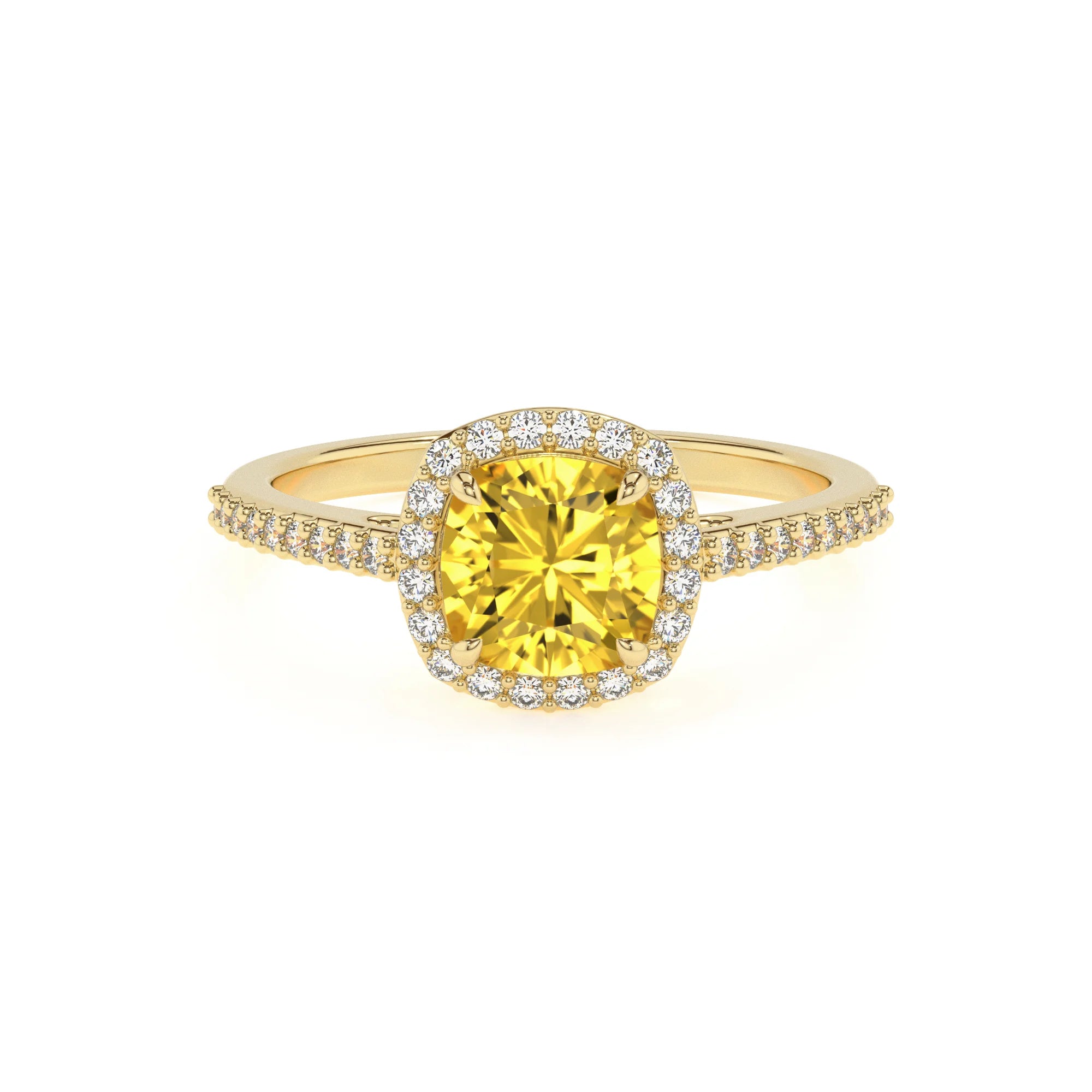 lab grown yellow-sapphire cushion solitaire rings in yellow gold
