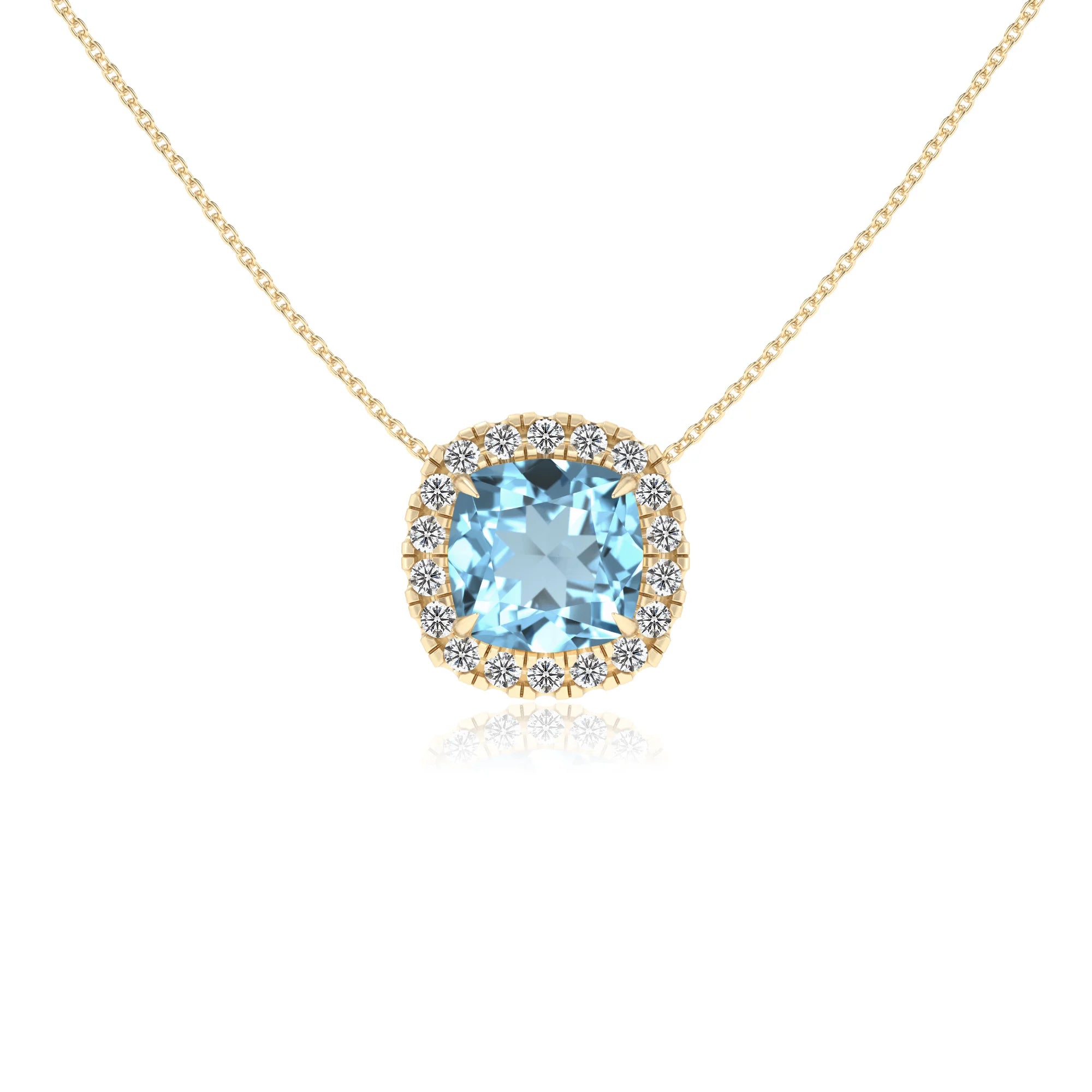 lab grown aquamarine cushion solitaire necklaces in yellow gold