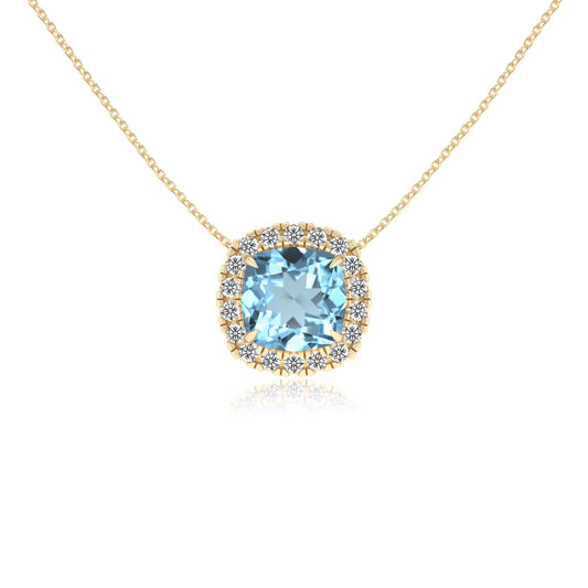 lab grown aquamarine cushion solitaire necklaces in yellow gold