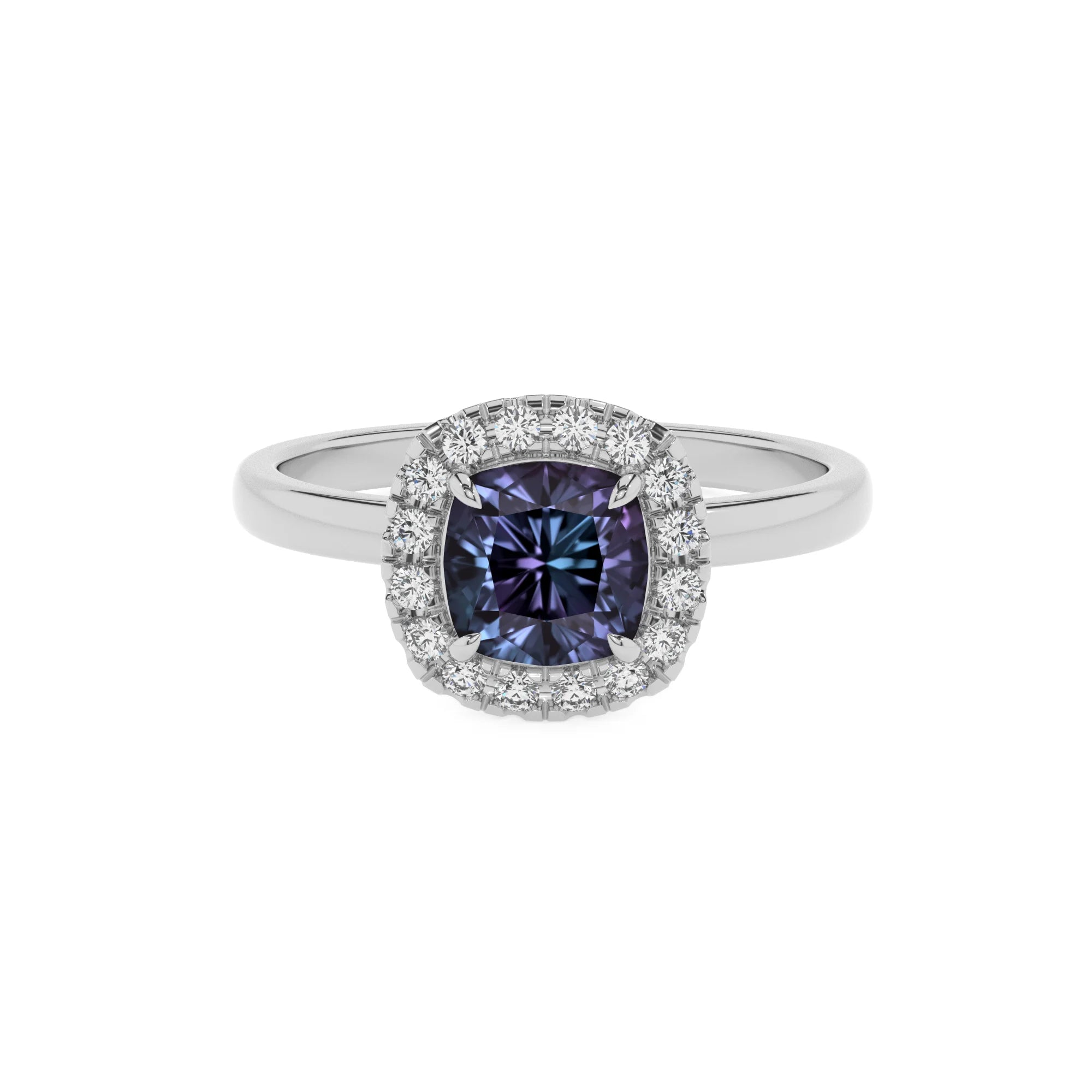 lab grown alexandrite cushion solitaire rings in sterling silver