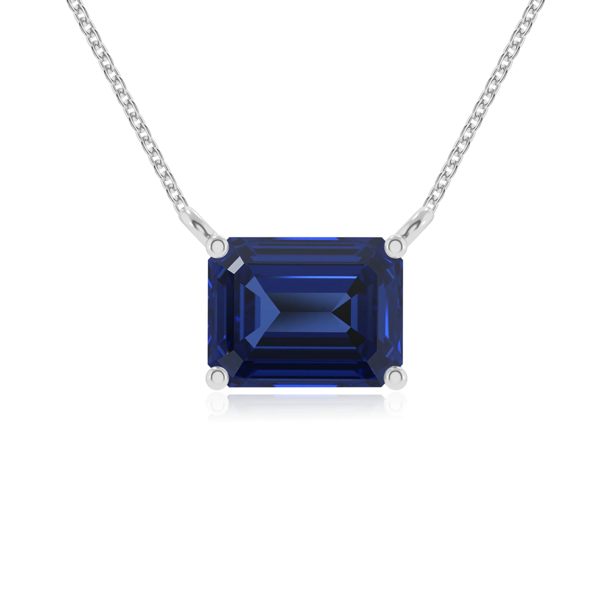 lab grown blue-sapphire emerald cut solitaire necklaces in sterling silver