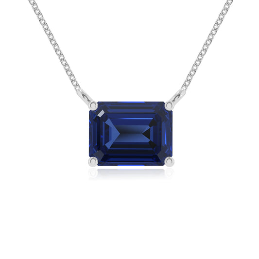 lab grown blue-sapphire emerald cut solitaire necklaces in sterling silver