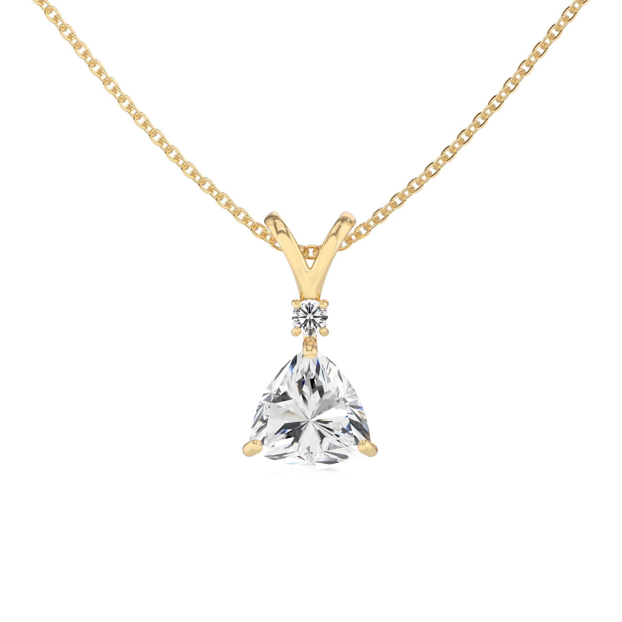 lab grown moissanite trillion solitaire v-bale necklaces in yellow gold