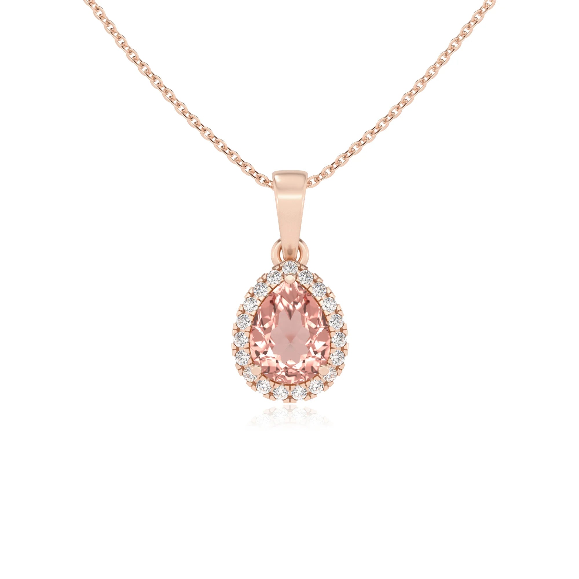 lab grown morganite pear solitaire necklaces in rose gold