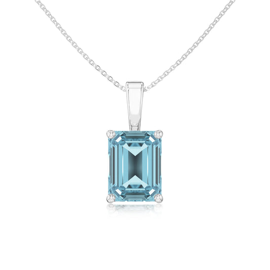 lab grown aquamarine emerald cut solitaire necklaces in white gold