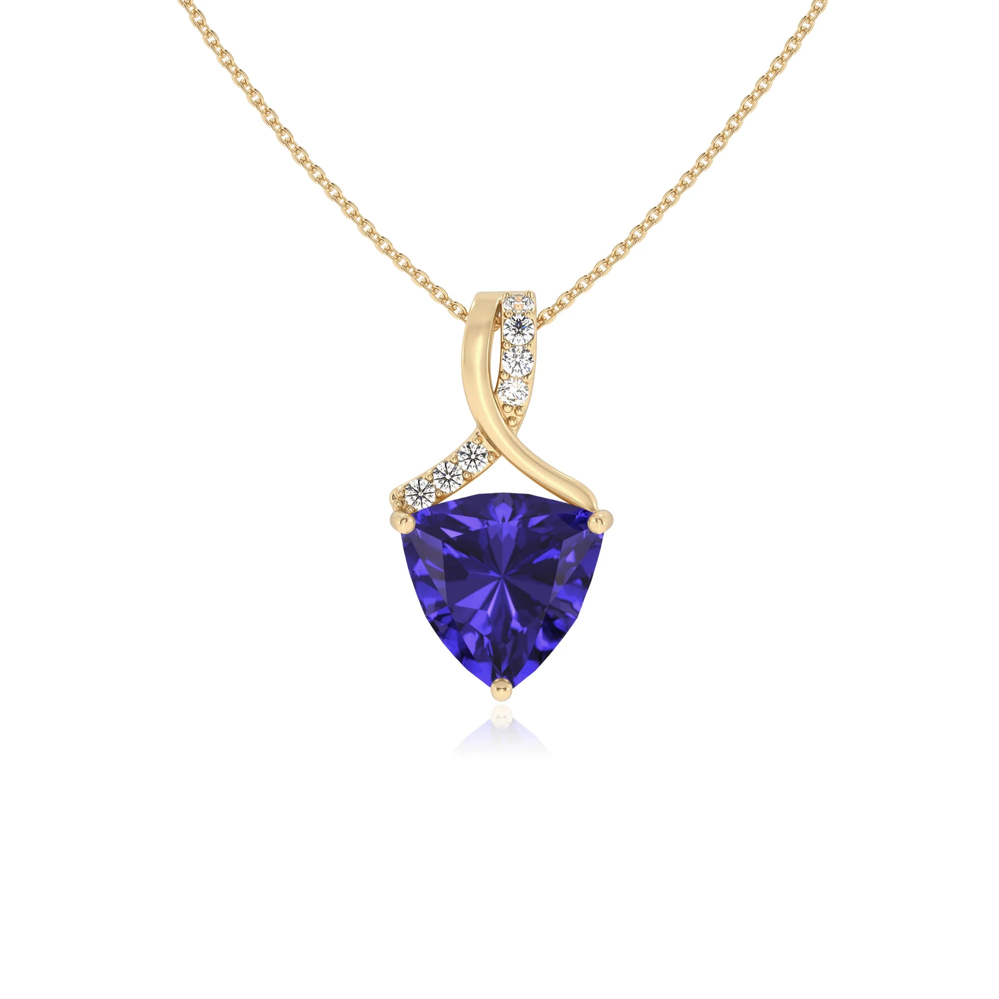 lab grown tanzanite trillion solitaire necklaces in yellow gold