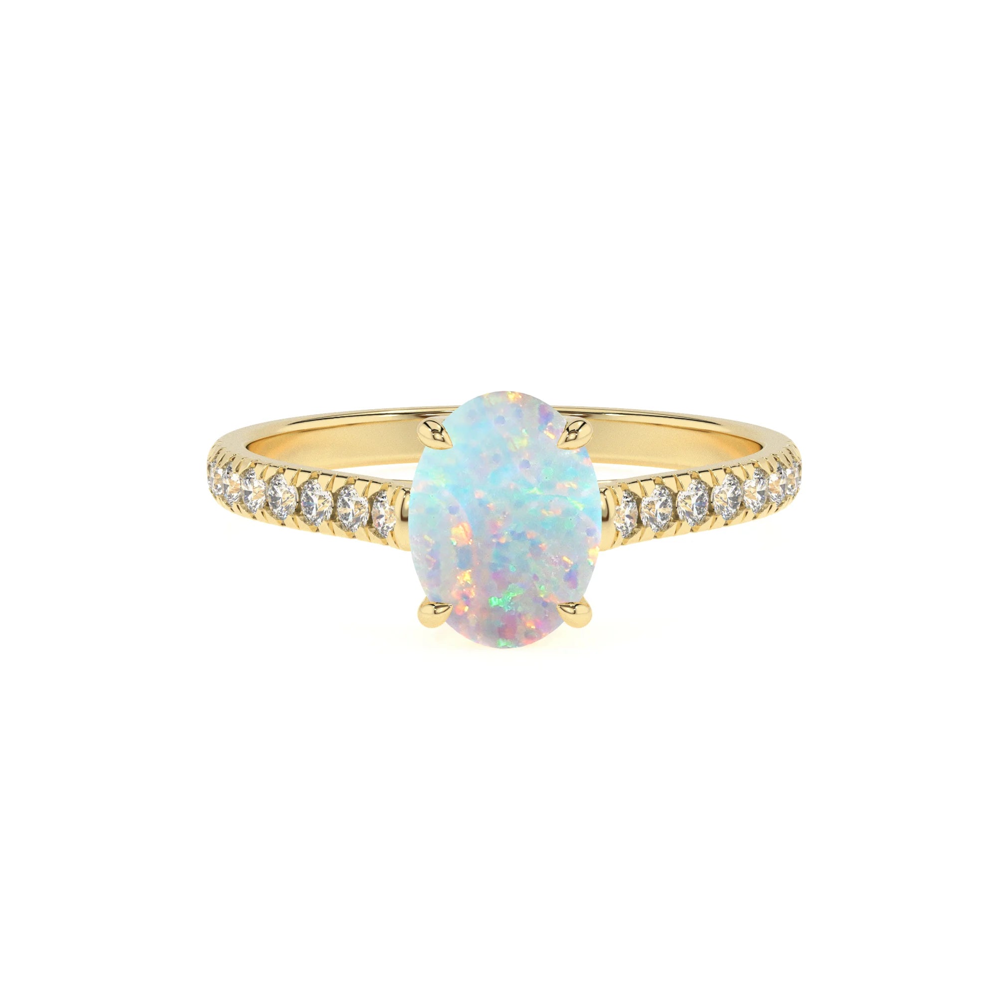 lab grown opal oval half eternity solitaire engagement rings in yellow gold
