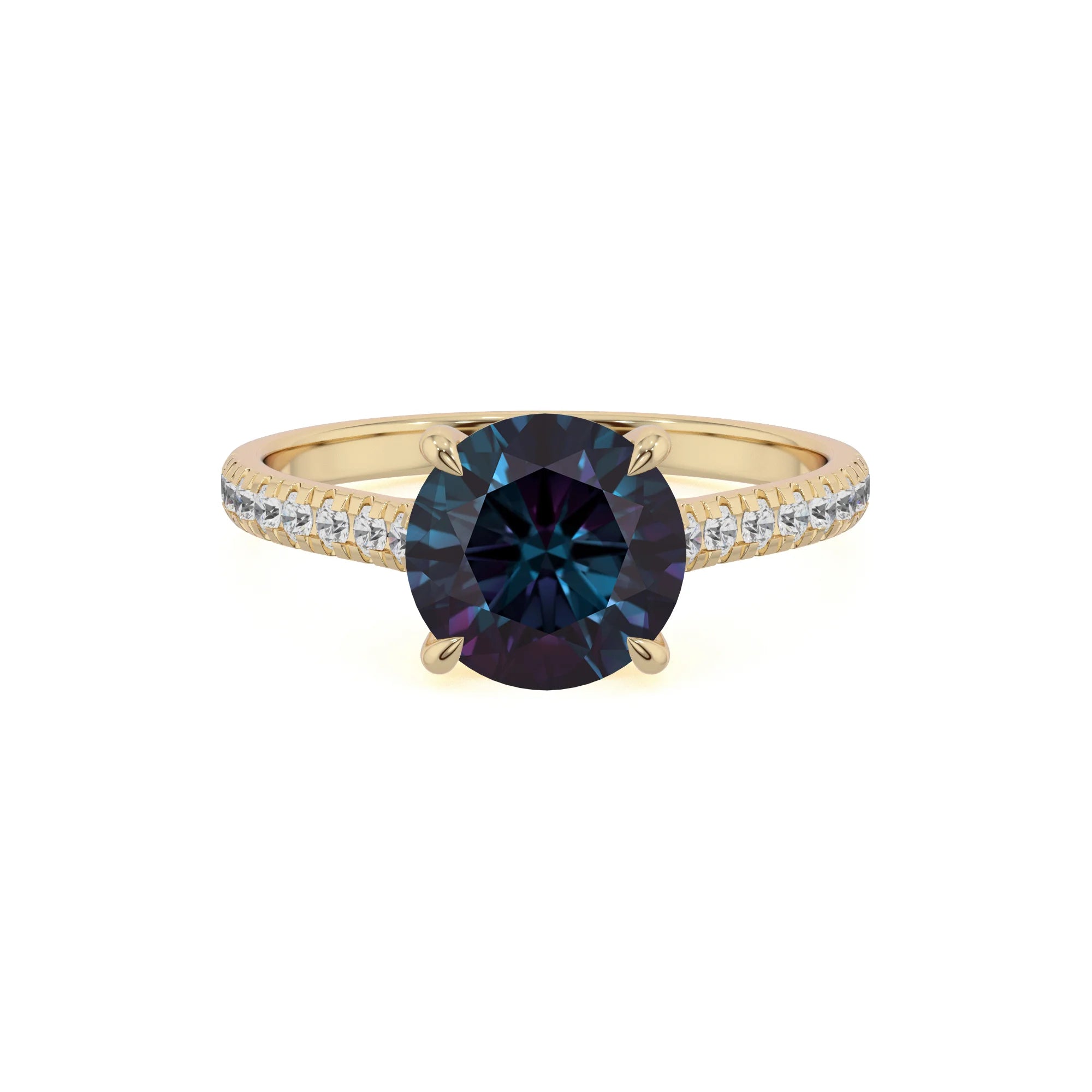 lab grown alexandrite round half eternity solitaire engagement rings in yellow gold