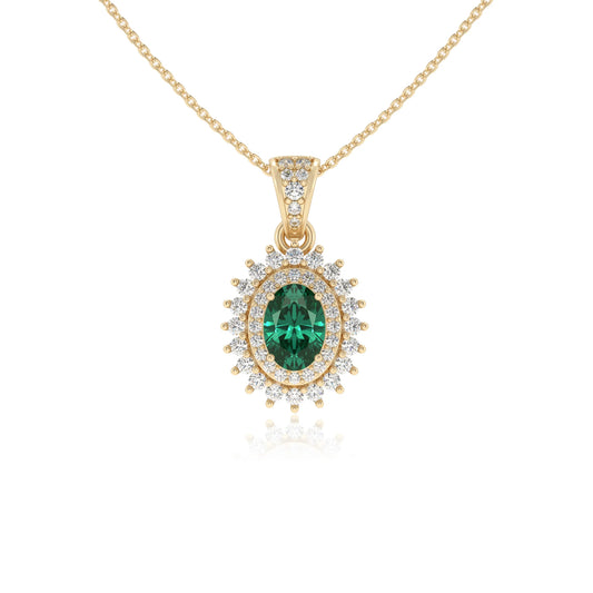 lab grown emerald oval halo necklaces in yellow gold