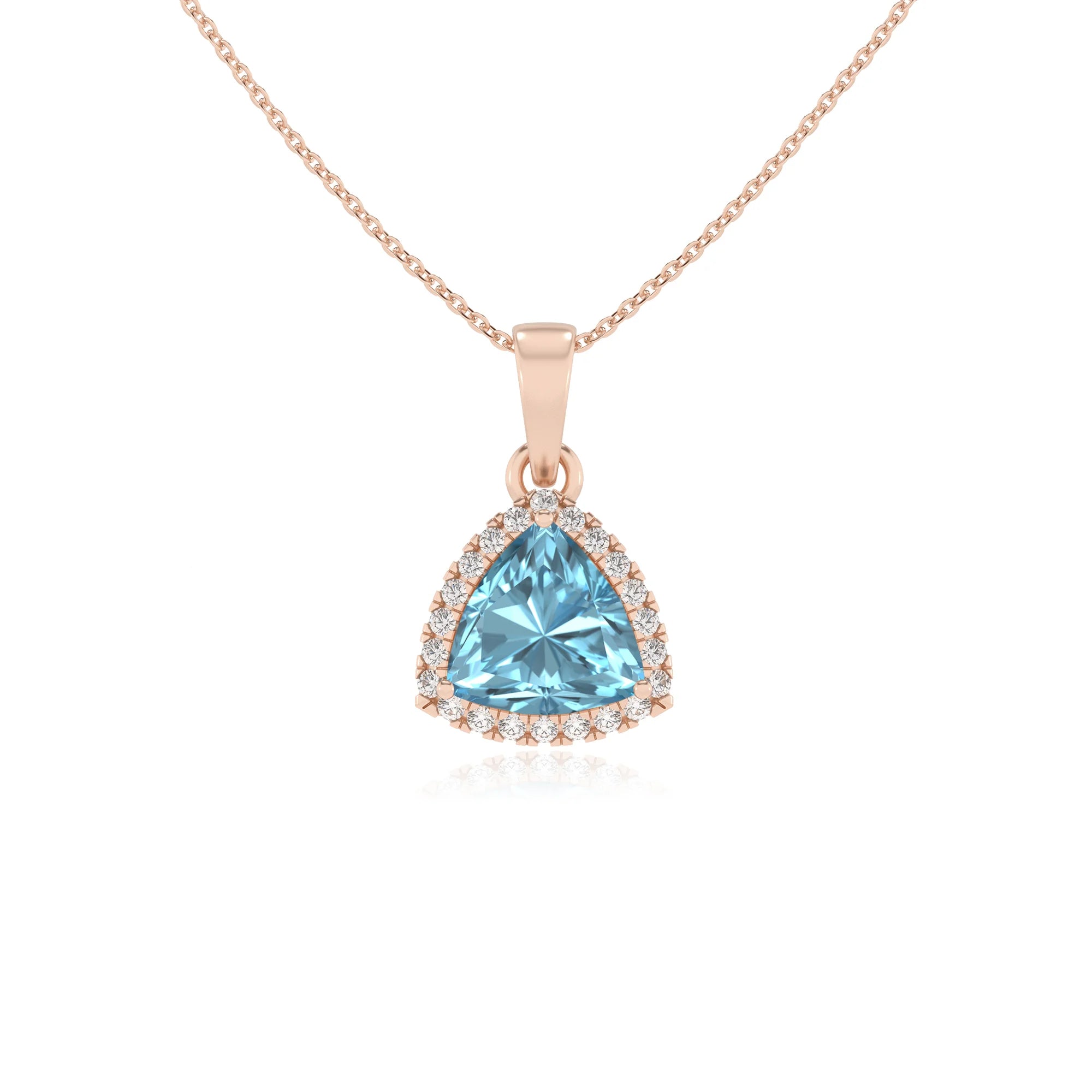 lab grown aquamarine trillion solitaire necklaces in rose gold