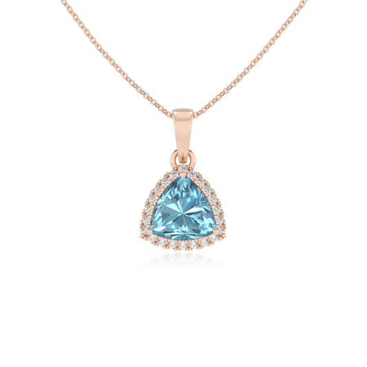 lab grown aquamarine trillion solitaire necklaces in rose gold