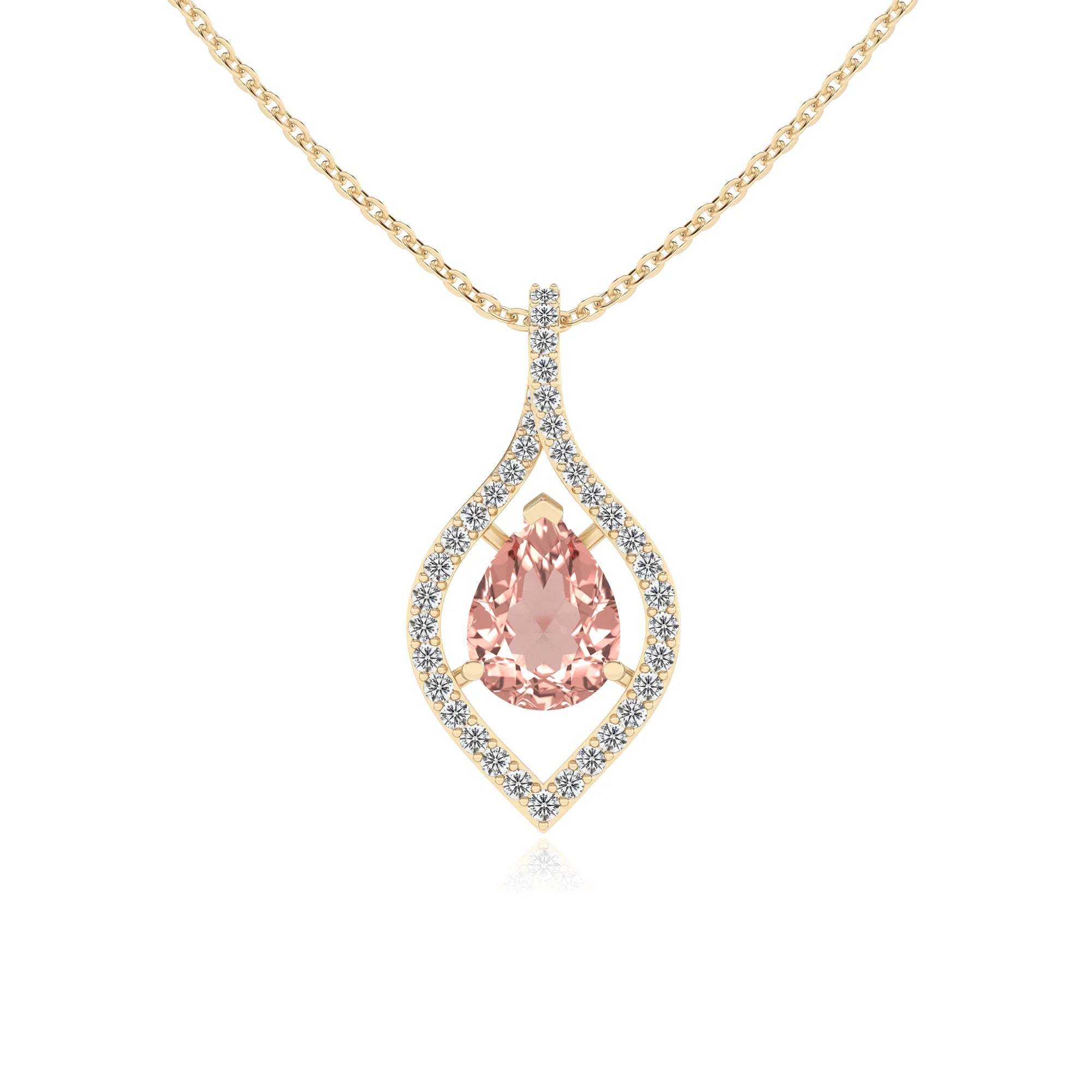 lab grown morganite pear infinity necklaces in yellow gold