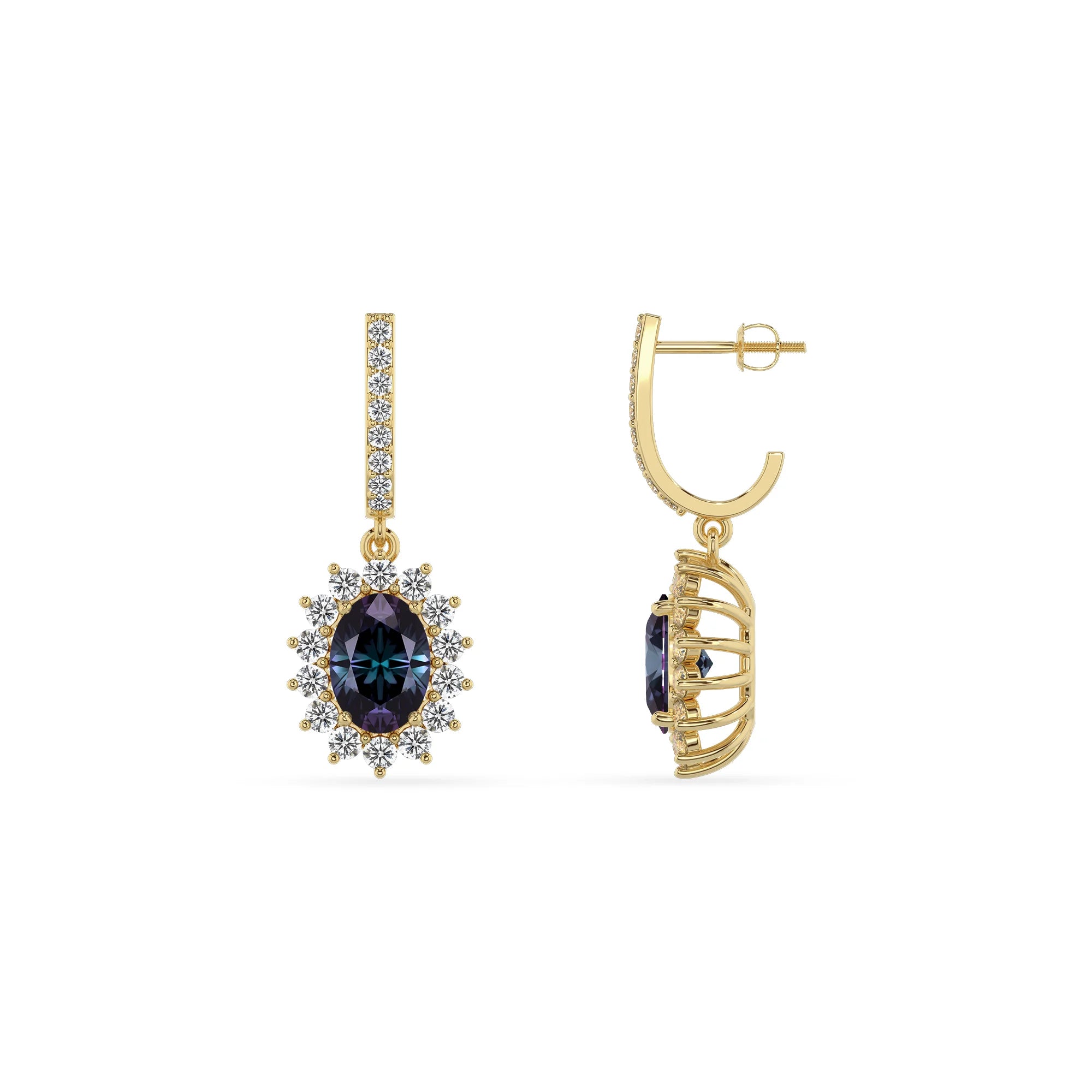 lab grown alexandrite oval drop earrings in yellow gold