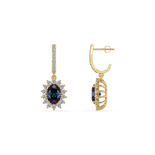 lab grown alexandrite oval drop earrings in yellow gold