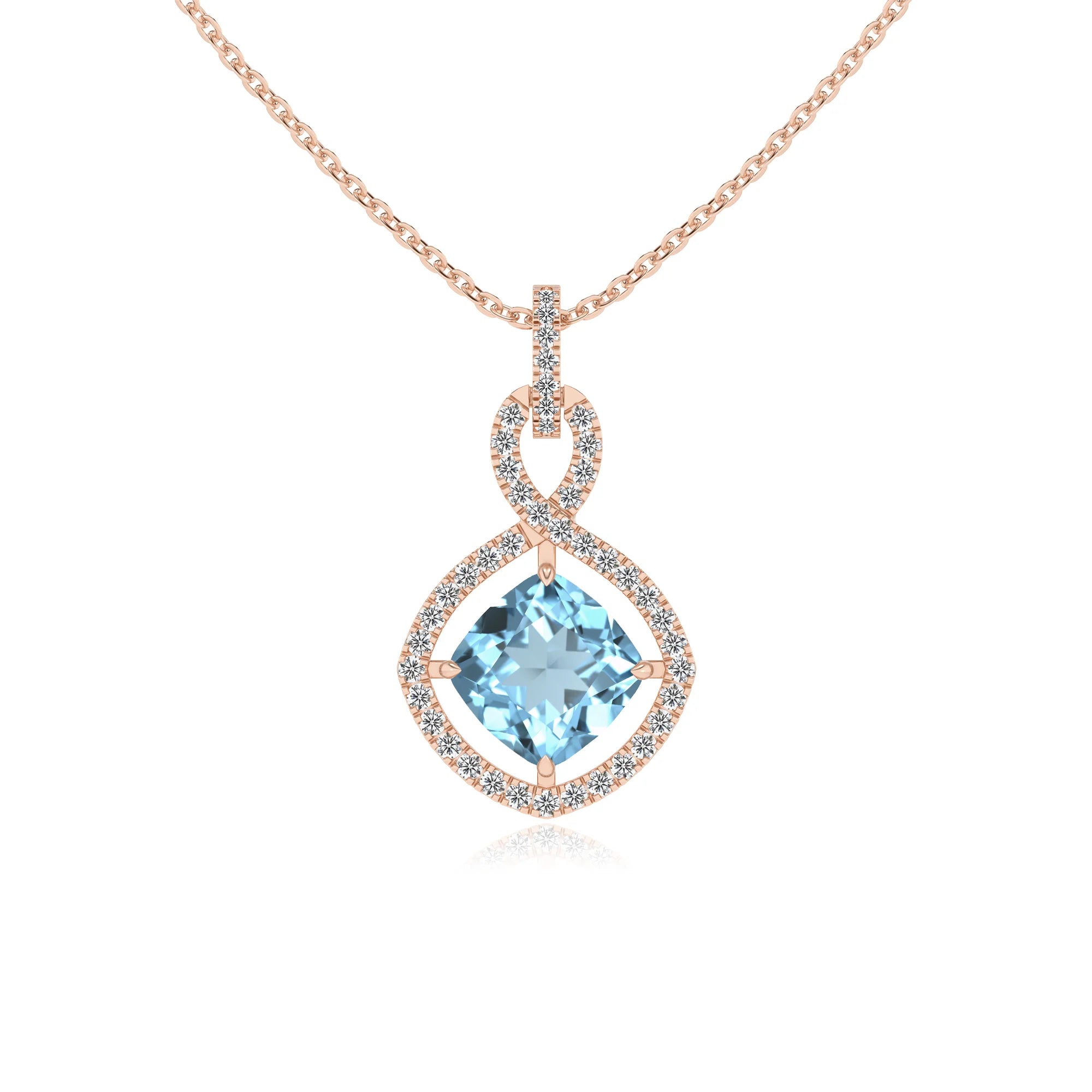 lab grown aquamarine cushion infinity necklaces in rose gold