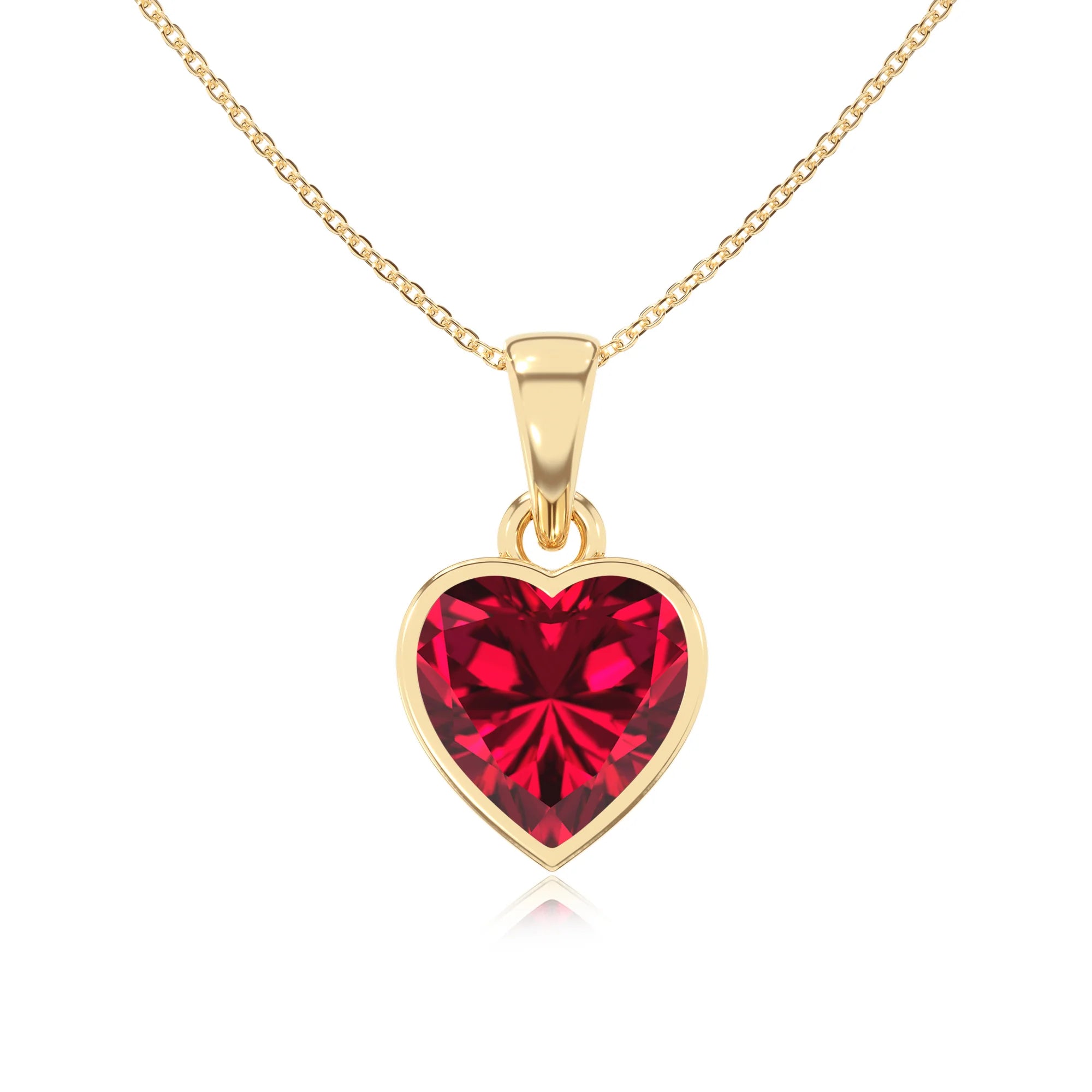 lab grown ruby heart solitaire necklaces in yellow gold