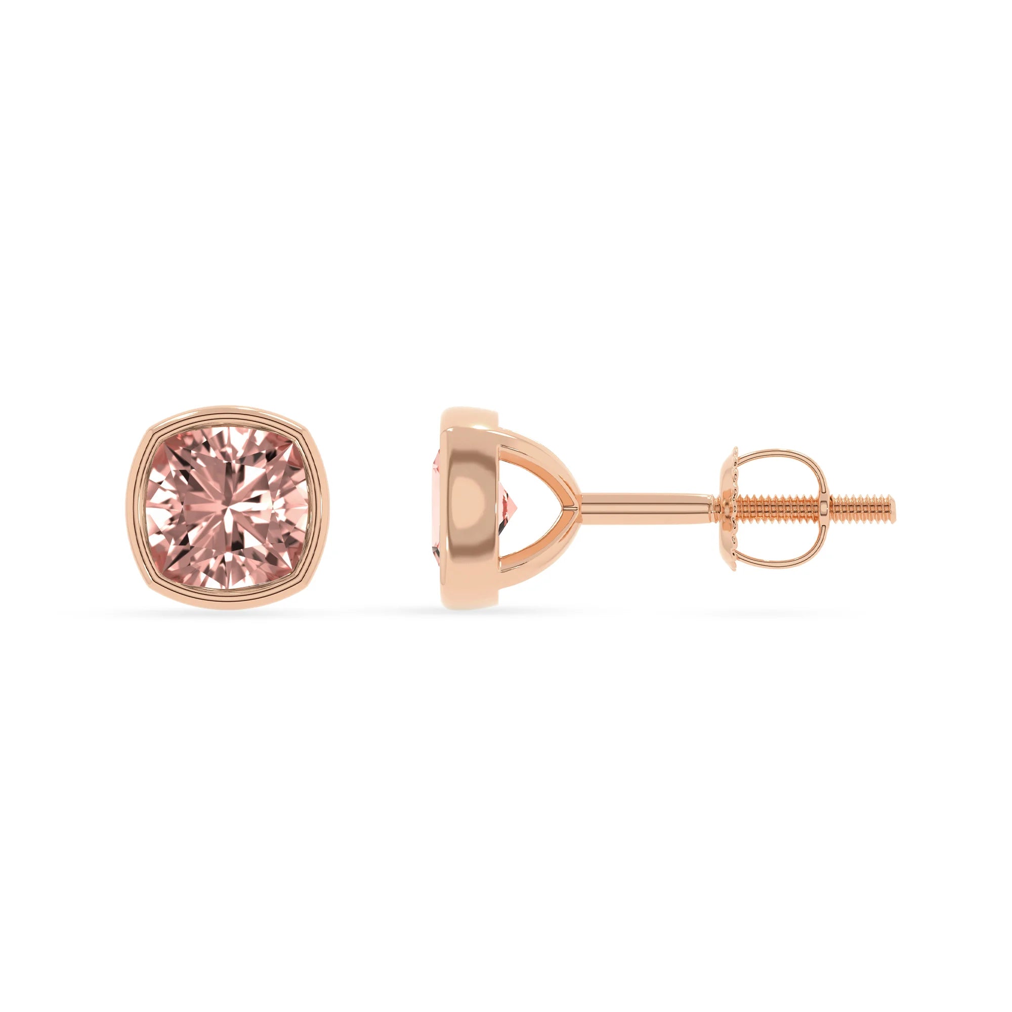 lab grown morganite cushion stud earrings in rose gold