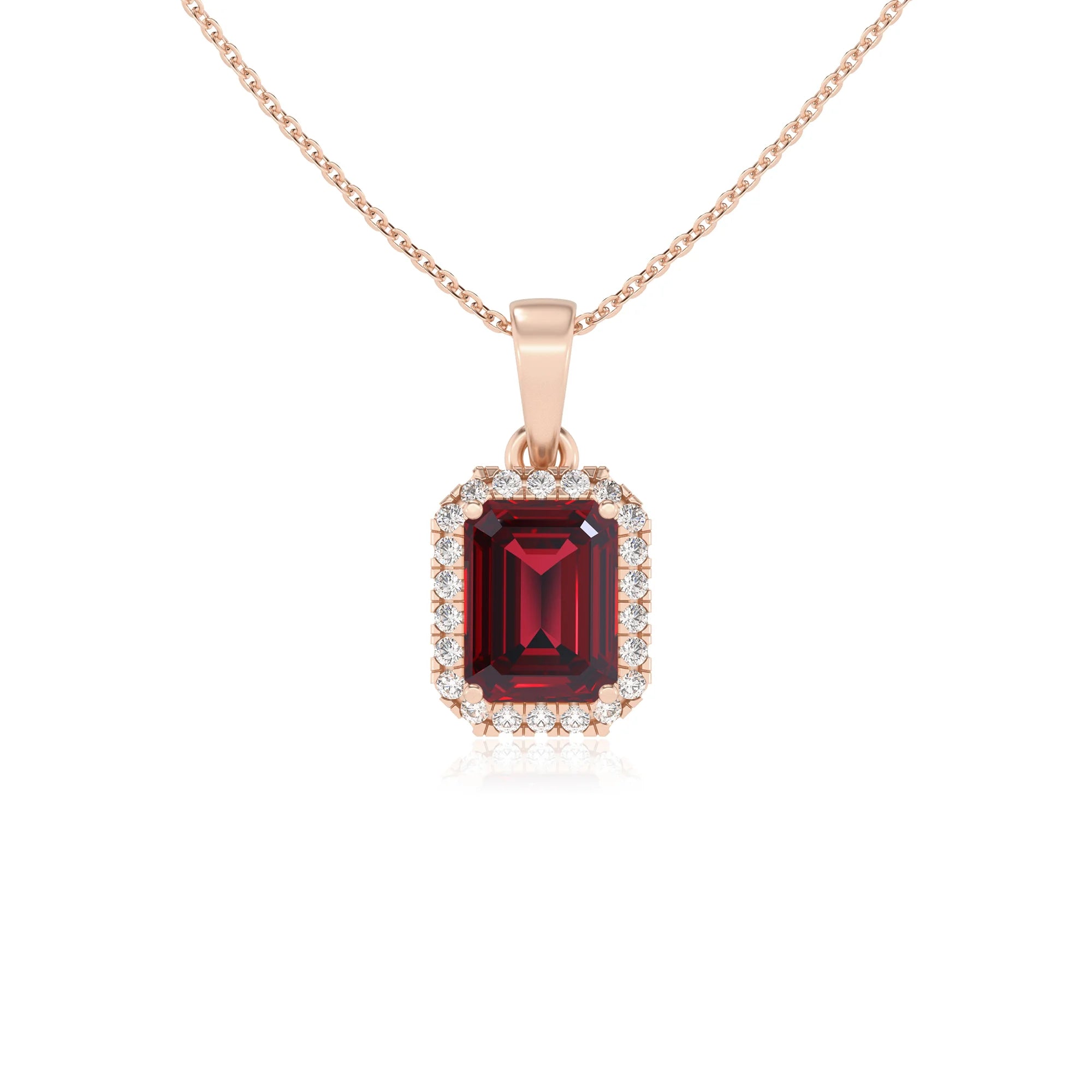 lab grown ruby emerald cut solitaire necklaces in rose gold