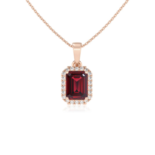 lab grown ruby emerald cut solitaire necklaces in rose gold