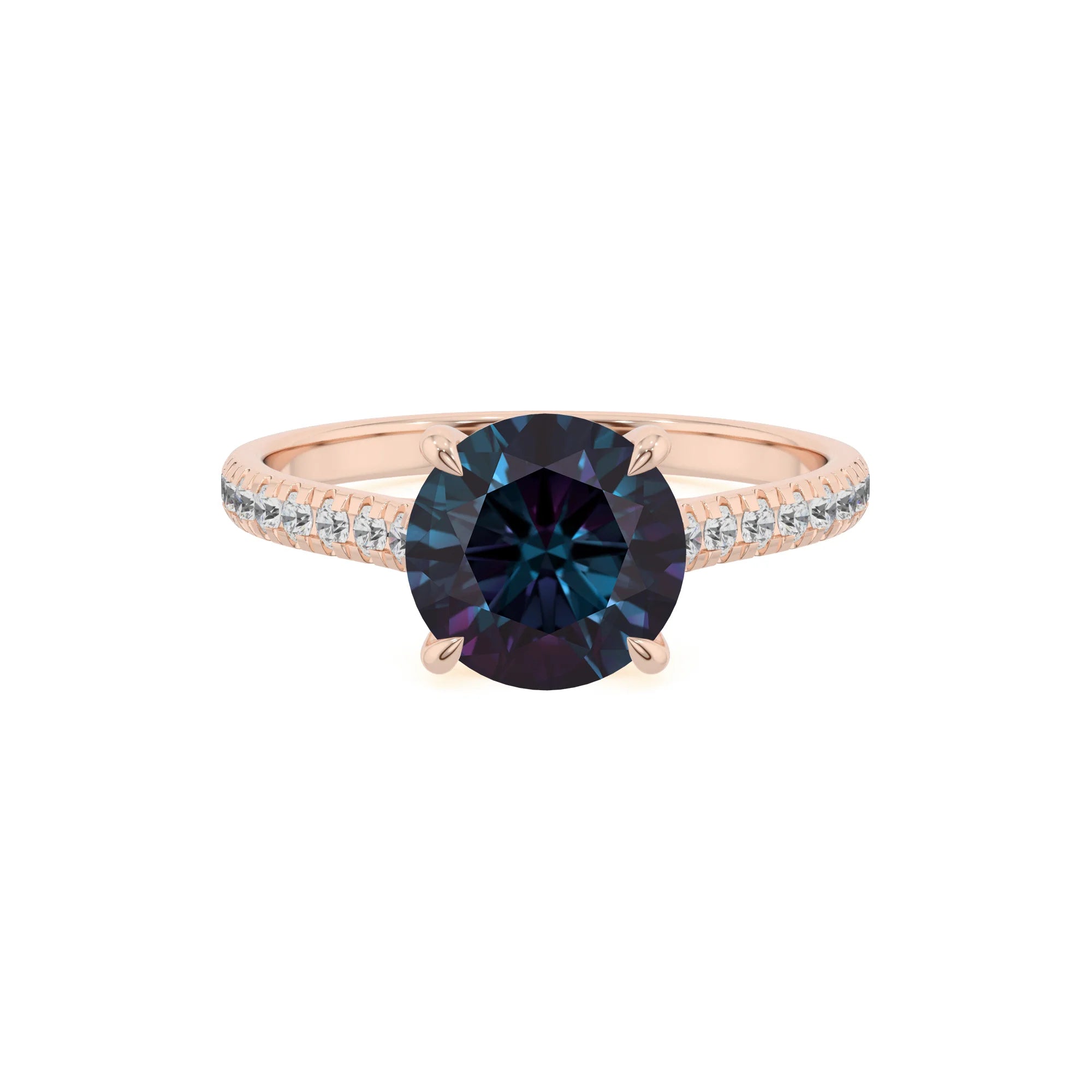 lab grown alexandrite round half eternity solitaire engagement rings in rose gold