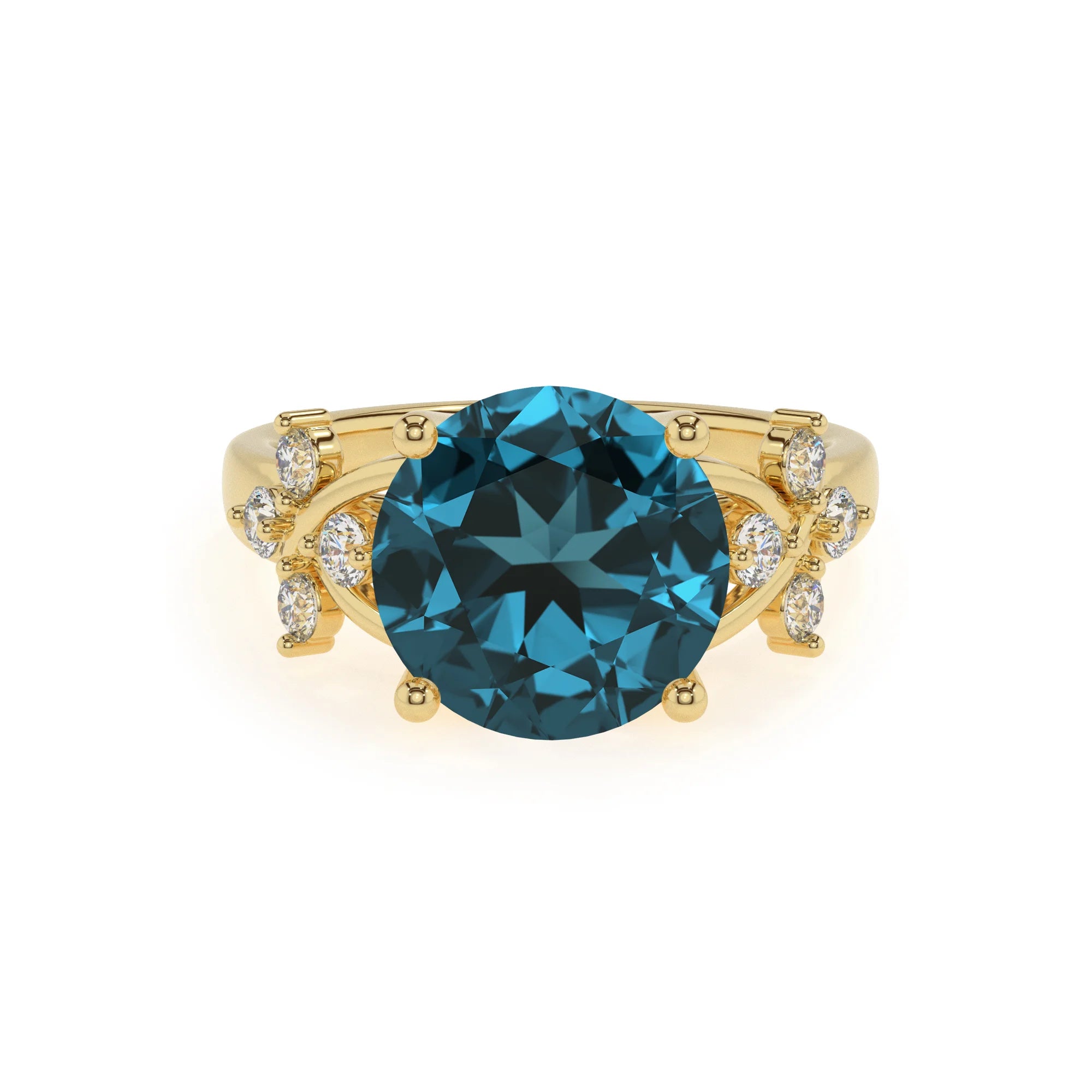 natural london-blue-topaz round solitaire rings in yellow gold