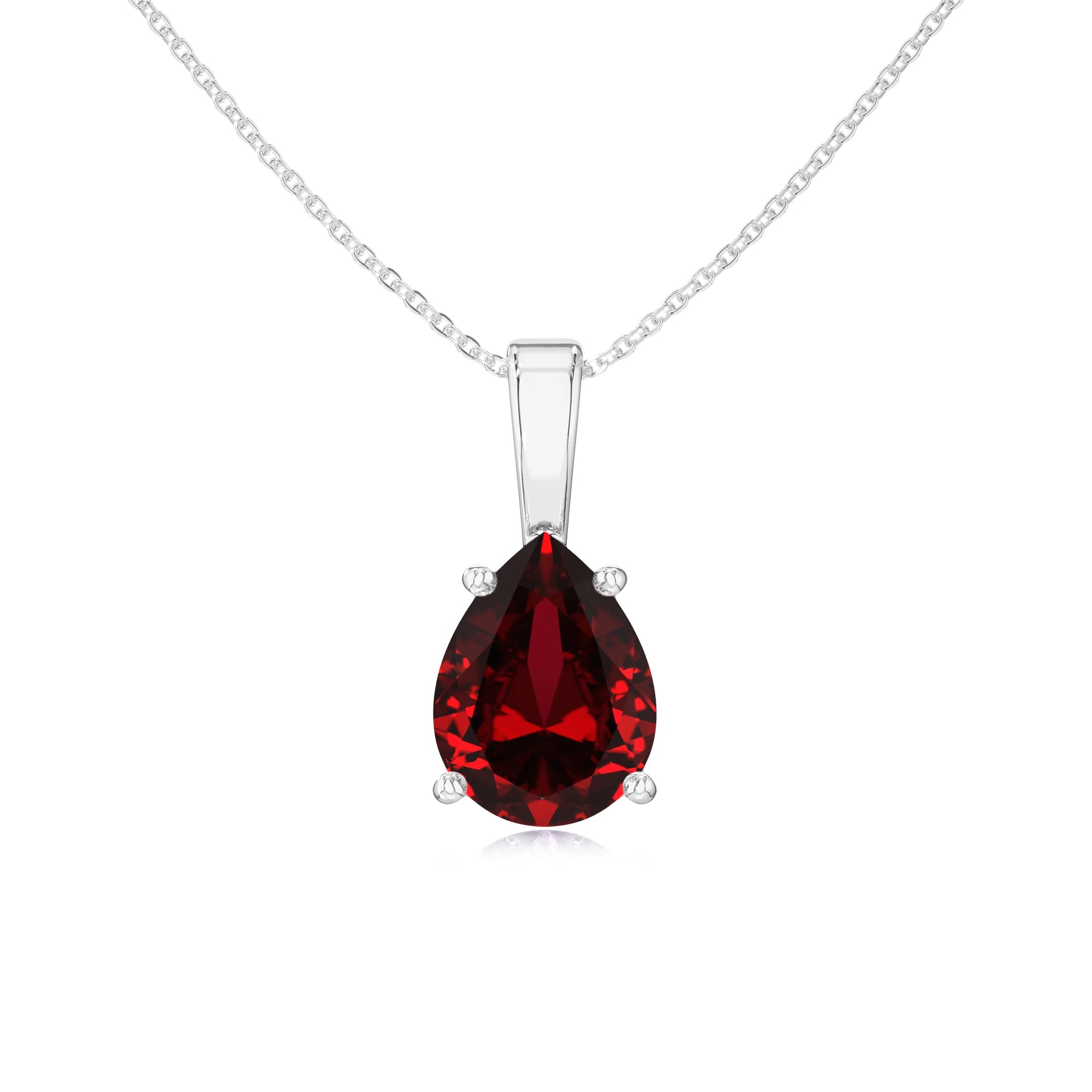 lab grown ruby pear solitaire necklaces in white gold